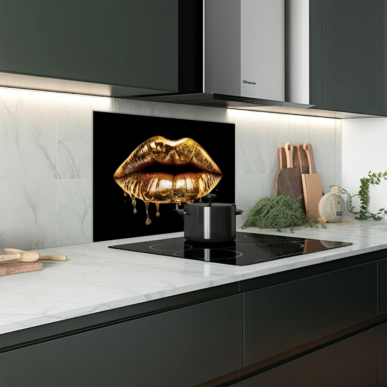 Eigen afmeting spatscherm-op-maat Keuken - Hittebestendig gehard glas - Gouden Druipende Lippen