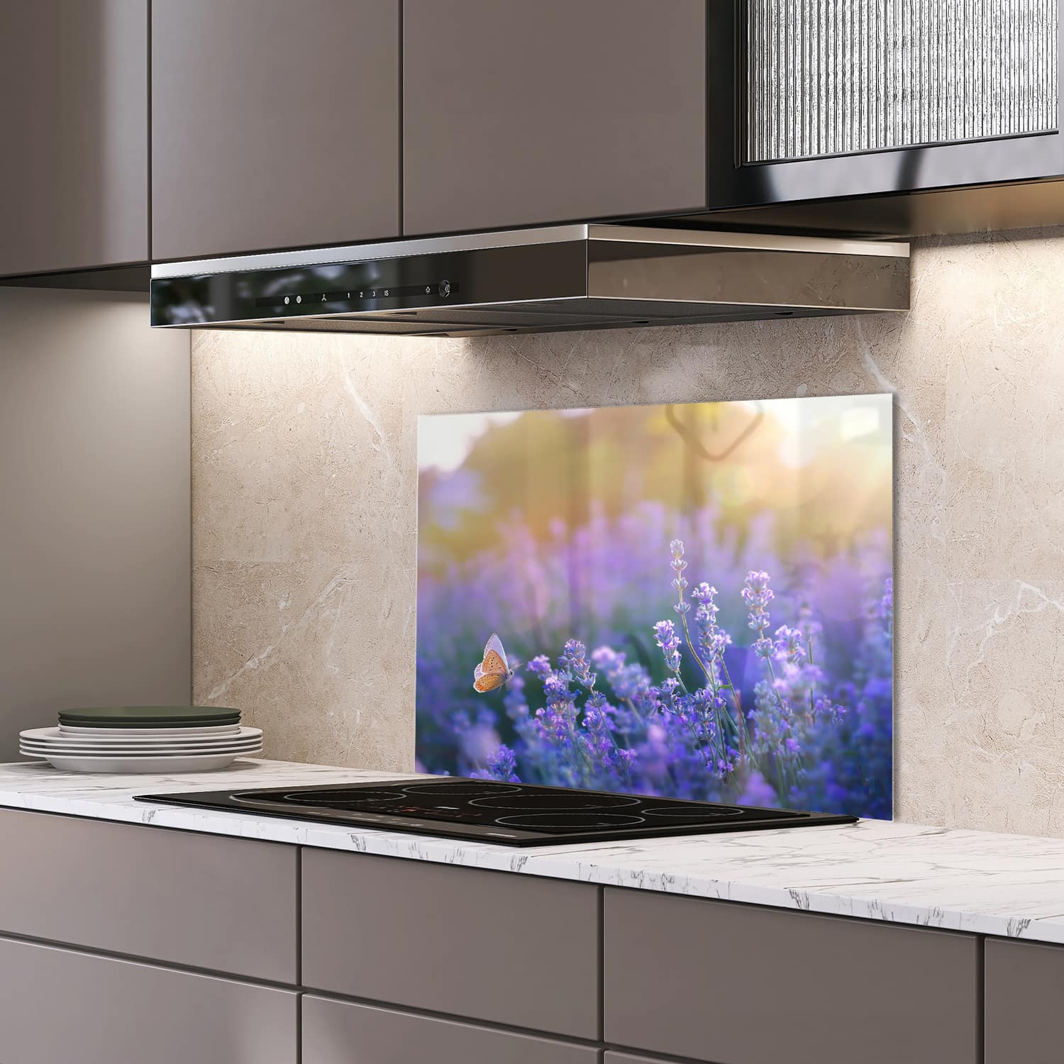 Eigen afmeting spatscherm-op-maat Keuken - Hittebestendig gehard glas - Lavendel bij Zonsondergang