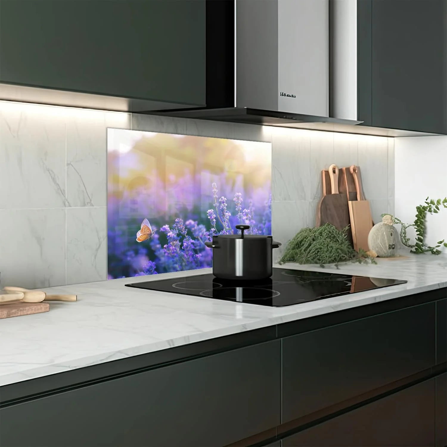 Eigen afmeting spatscherm-op-maat Keuken - Hittebestendig gehard glas - Lavendel bij Zonsondergang