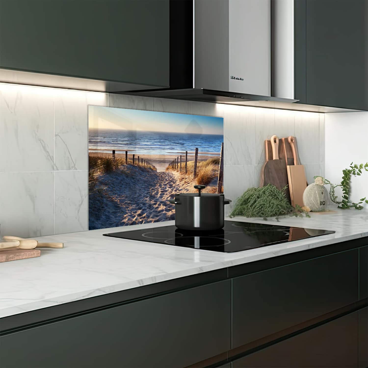 Eigen afmeting spatscherm-op-maat Keuken - Hittebestendig gehard glas - Pad naar de Noordzee