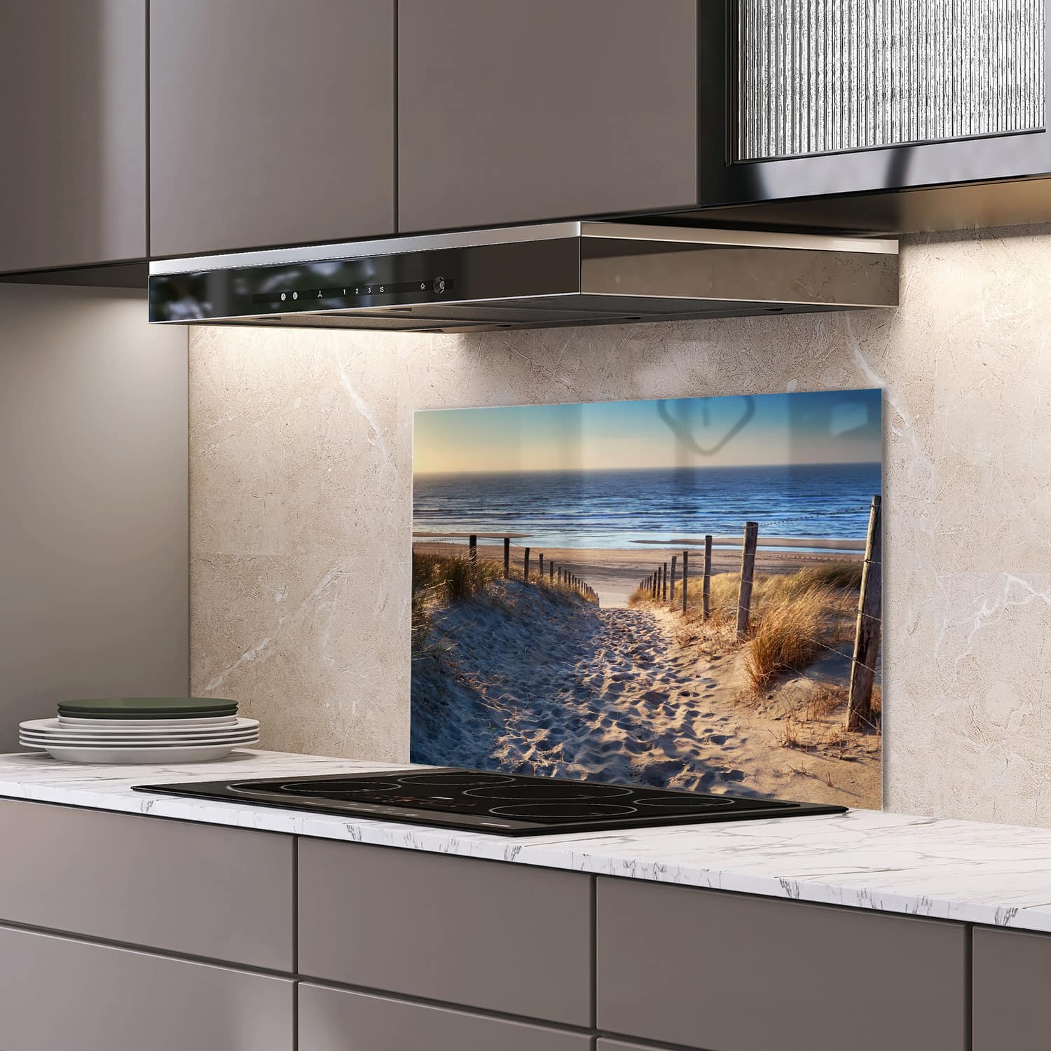 Eigen afmeting spatscherm-op-maat Keuken - Hittebestendig gehard glas - Pad naar de Noordzee