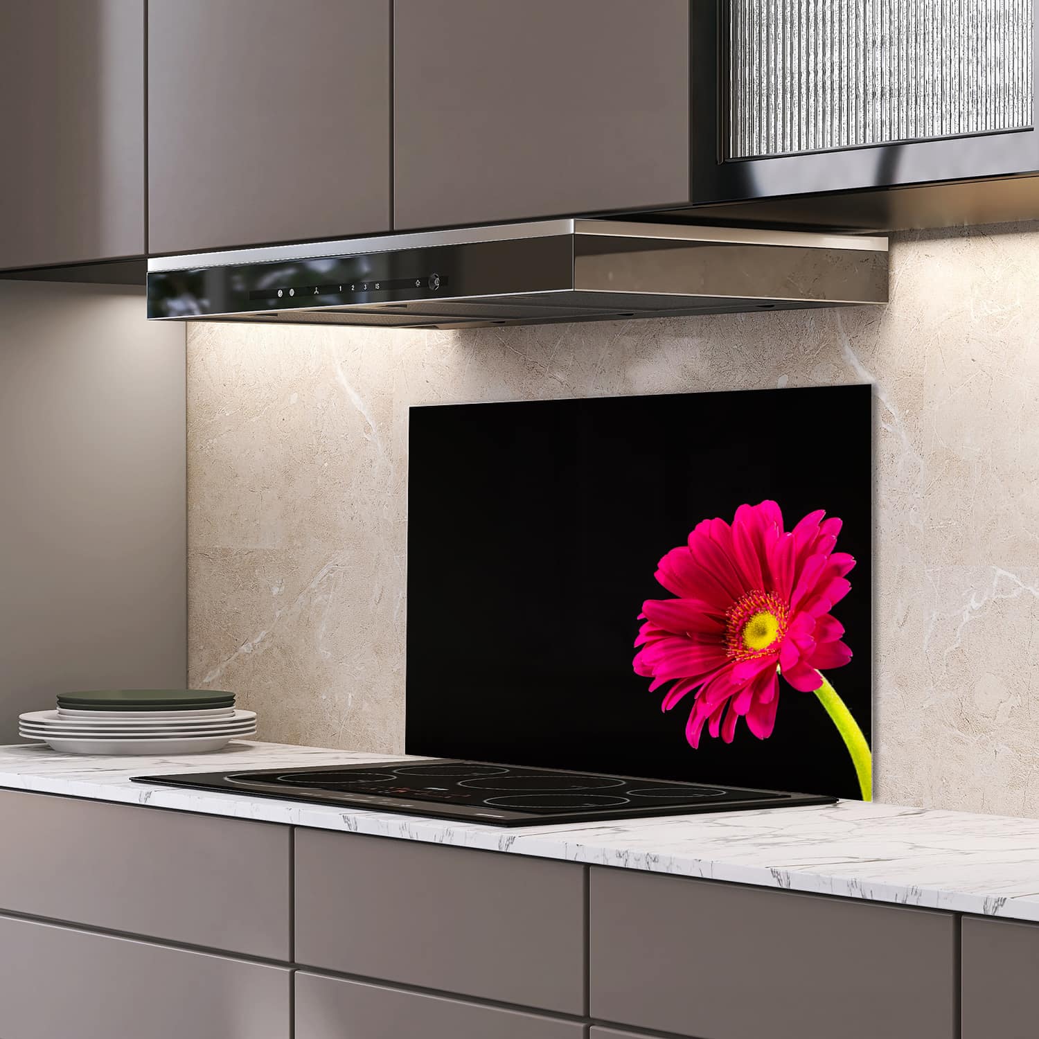 Eigen afmeting spatscherm-op-maat Keuken - Hittebestendig gehard glas - Stralende Gerbera