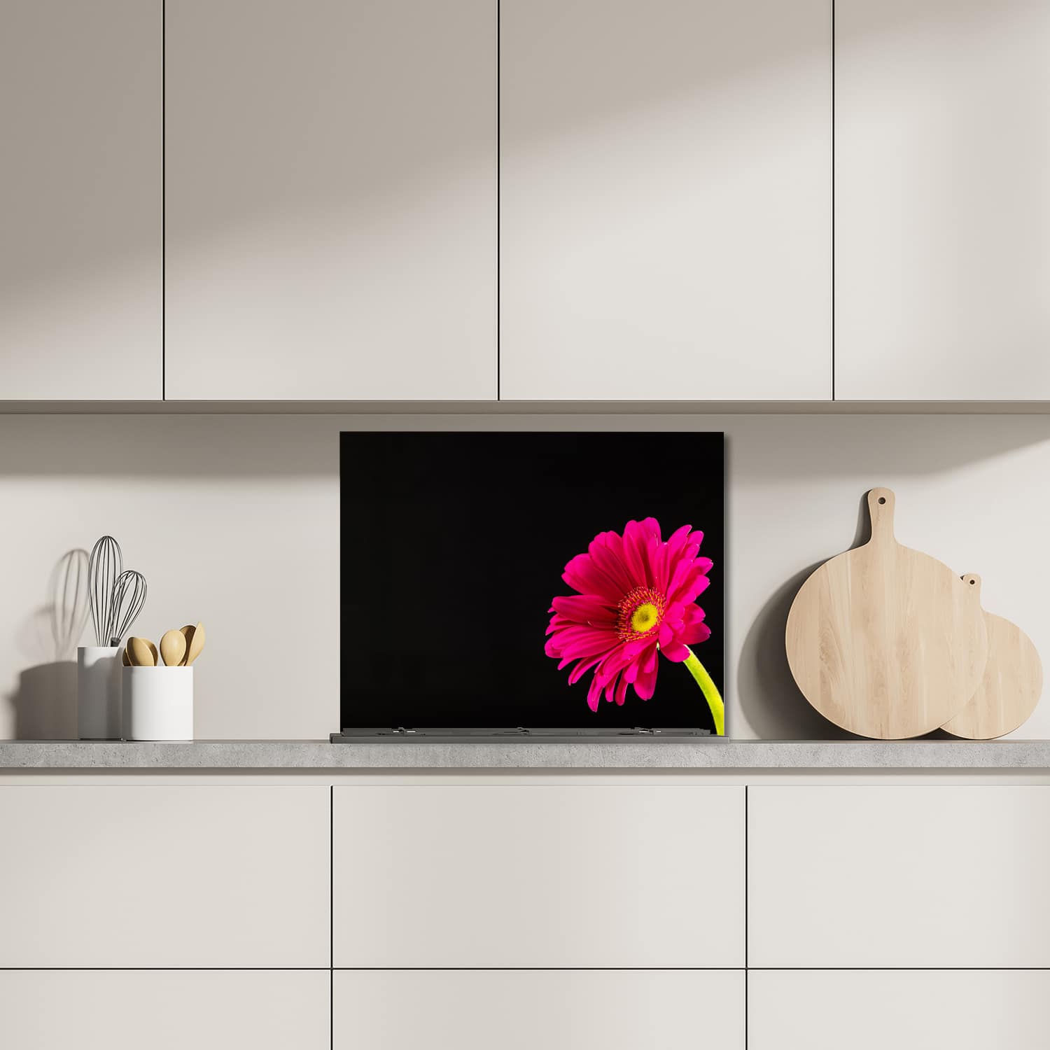 Eigen afmeting spatscherm-op-maat Keuken - Hittebestendig gehard glas - Stralende Gerbera