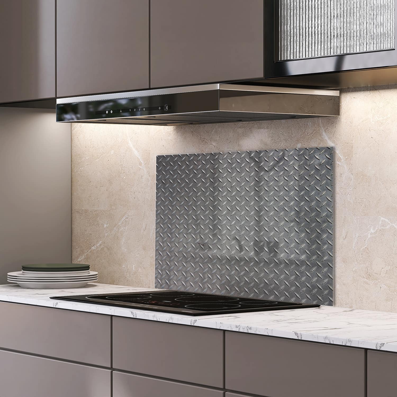 Eigen afmeting spatscherm-op-maat Keuken - Hittebestendig gehard glas - Traanplaat Textuur