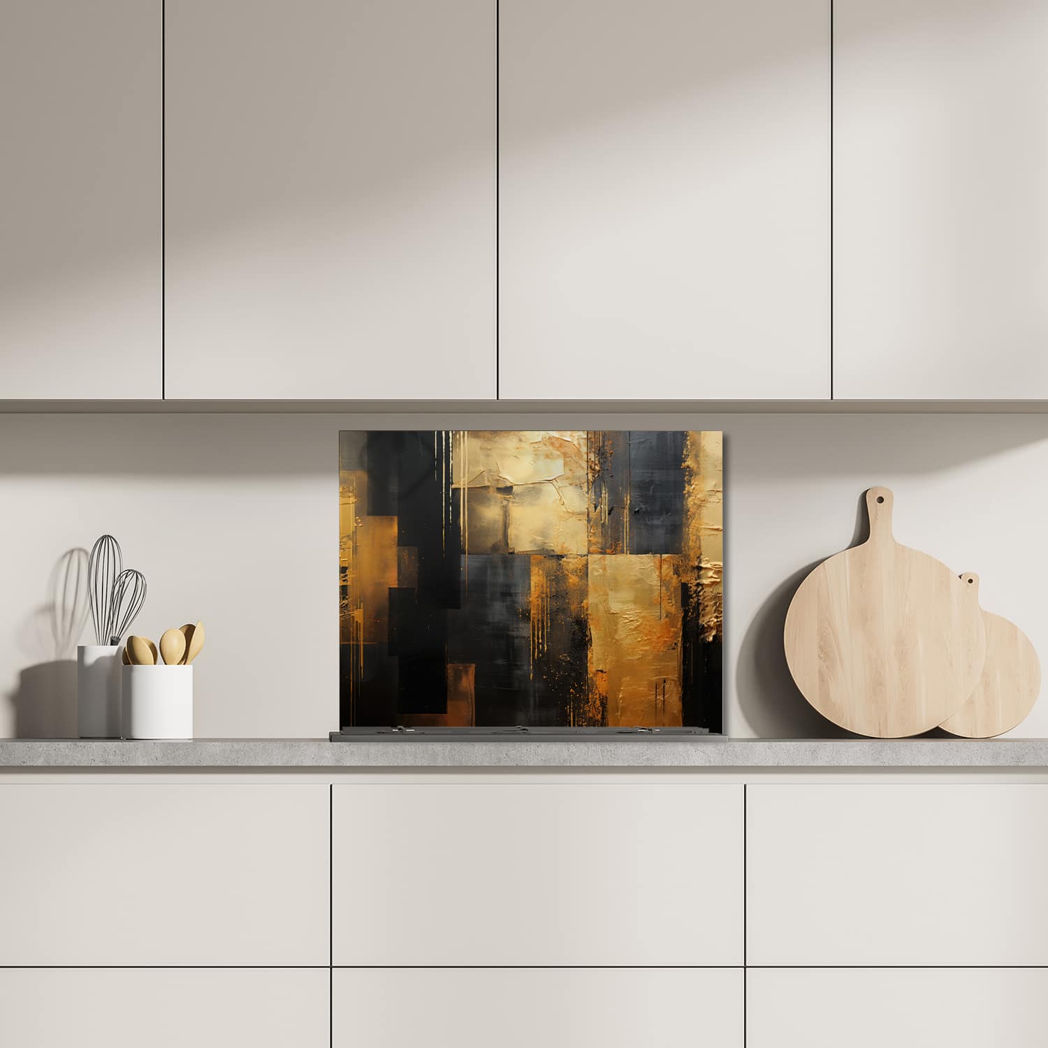 Eigen afmeting spatscherm-op-maat Keuken - Hittebestendig gehard glas - Goud/Zwart Abstract schilderij