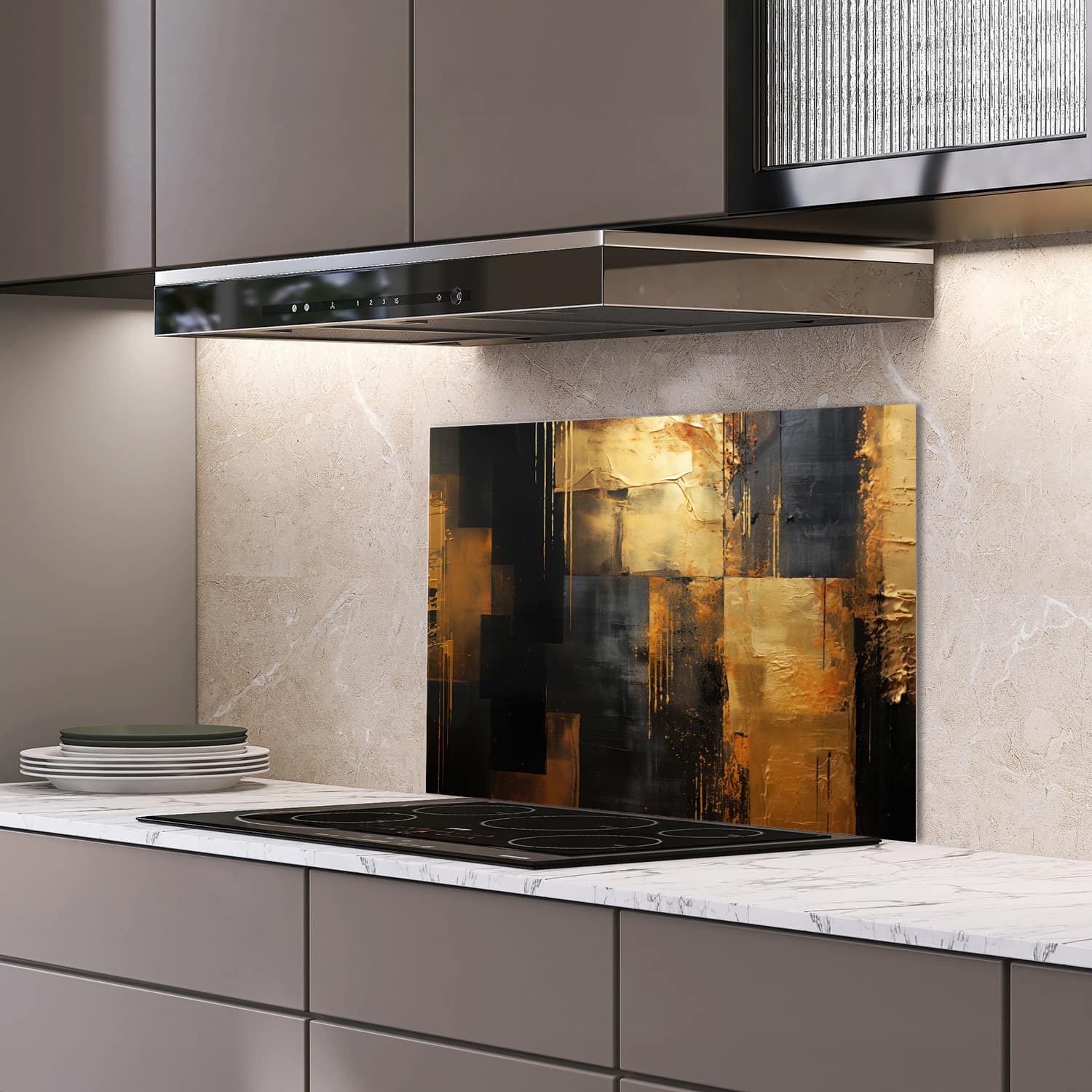 Eigen afmeting spatscherm-op-maat Keuken - Hittebestendig gehard glas - Goud/Zwart Abstract schilderij