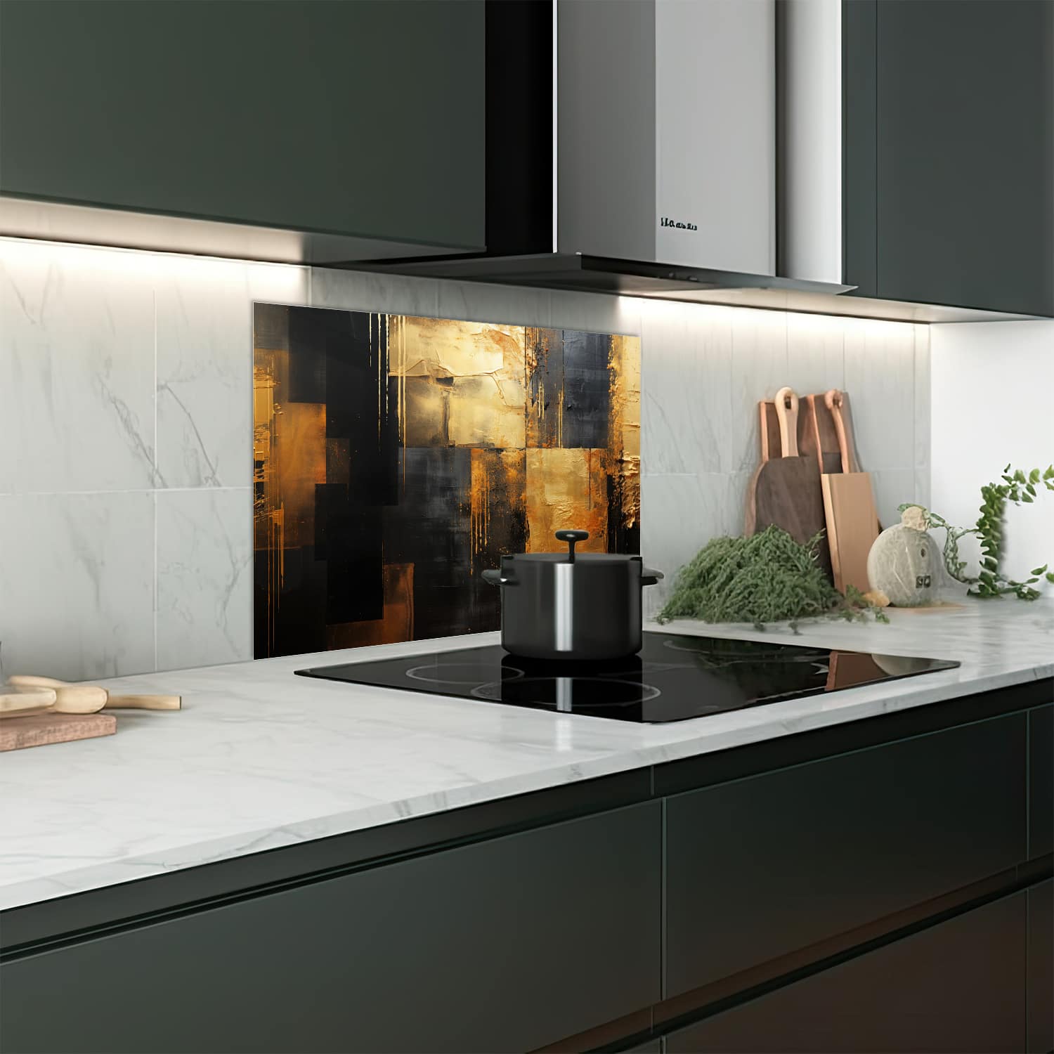Eigen afmeting spatscherm-op-maat Keuken - Hittebestendig gehard glas - Goud/Zwart Abstract schilderij