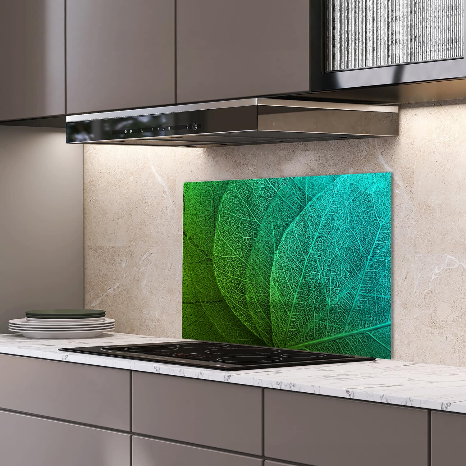 Eigen afmeting spatscherm-op-maat Keuken - Hittebestendig gehard glas - Bladeren in detail