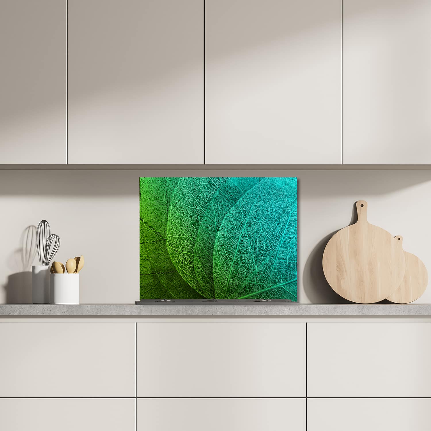 Eigen afmeting spatscherm-op-maat Keuken - Hittebestendig gehard glas - Bladeren in detail