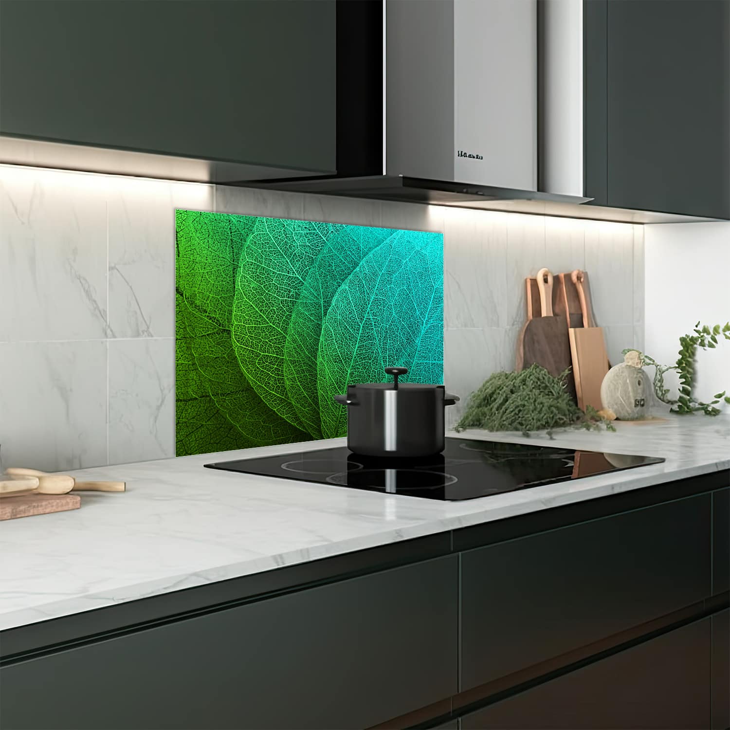 Eigen afmeting spatscherm-op-maat Keuken - Hittebestendig gehard glas - Bladeren in detail