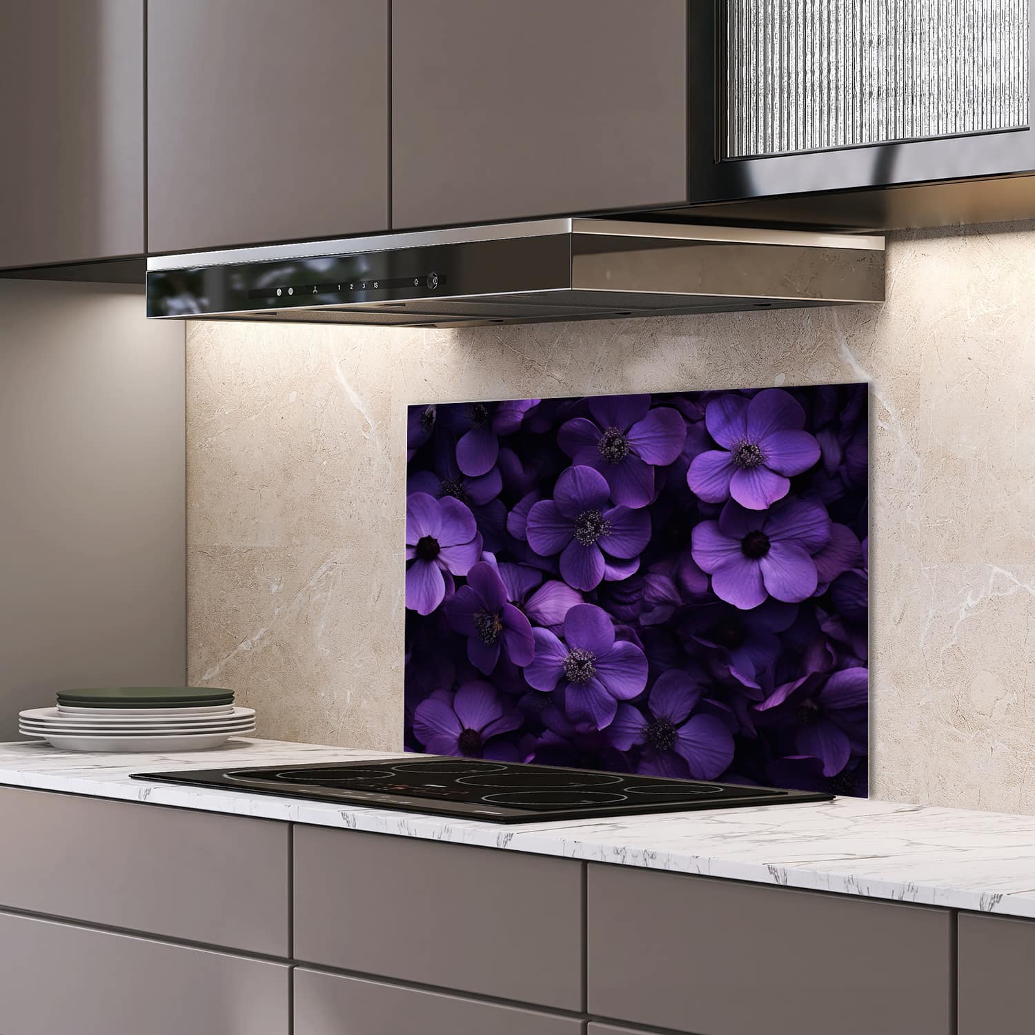 Eigen afmeting spatscherm-op-maat Keuken - Hittebestendig gehard glas - Paarse Bloemen