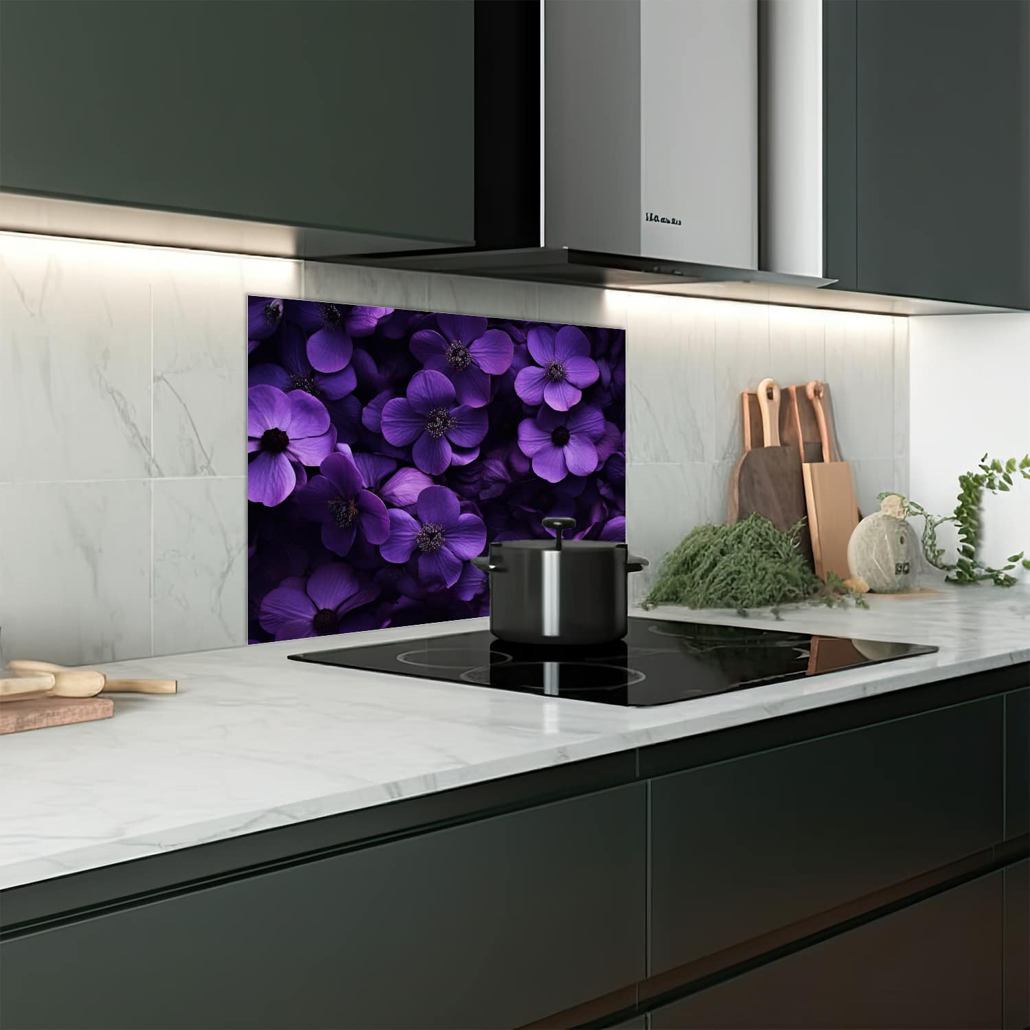 Eigen afmeting spatscherm-op-maat Keuken - Hittebestendig gehard glas - Paarse Bloemen