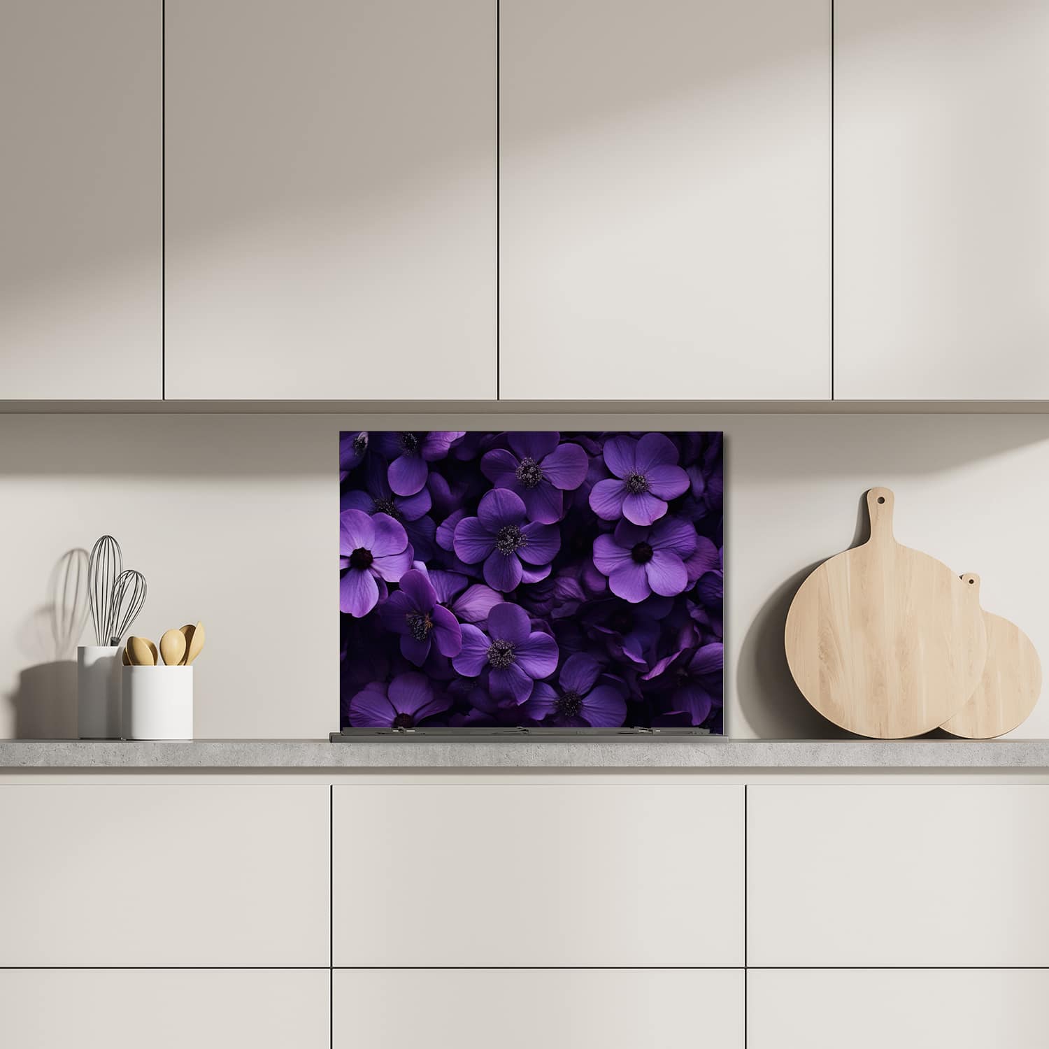 Eigen afmeting spatscherm-op-maat Keuken - Hittebestendig gehard glas - Paarse Bloemen