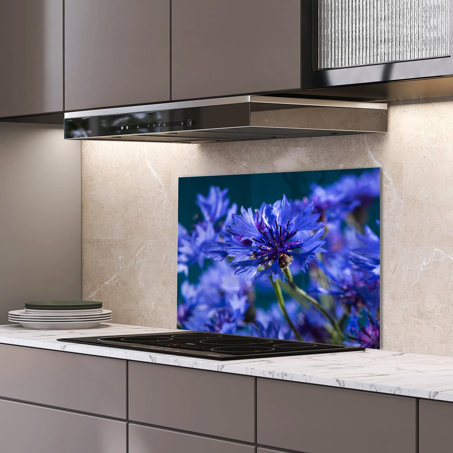 Eigen afmeting spatscherm-op-maat Keuken - Hittebestendig gehard glas - Korenbloem