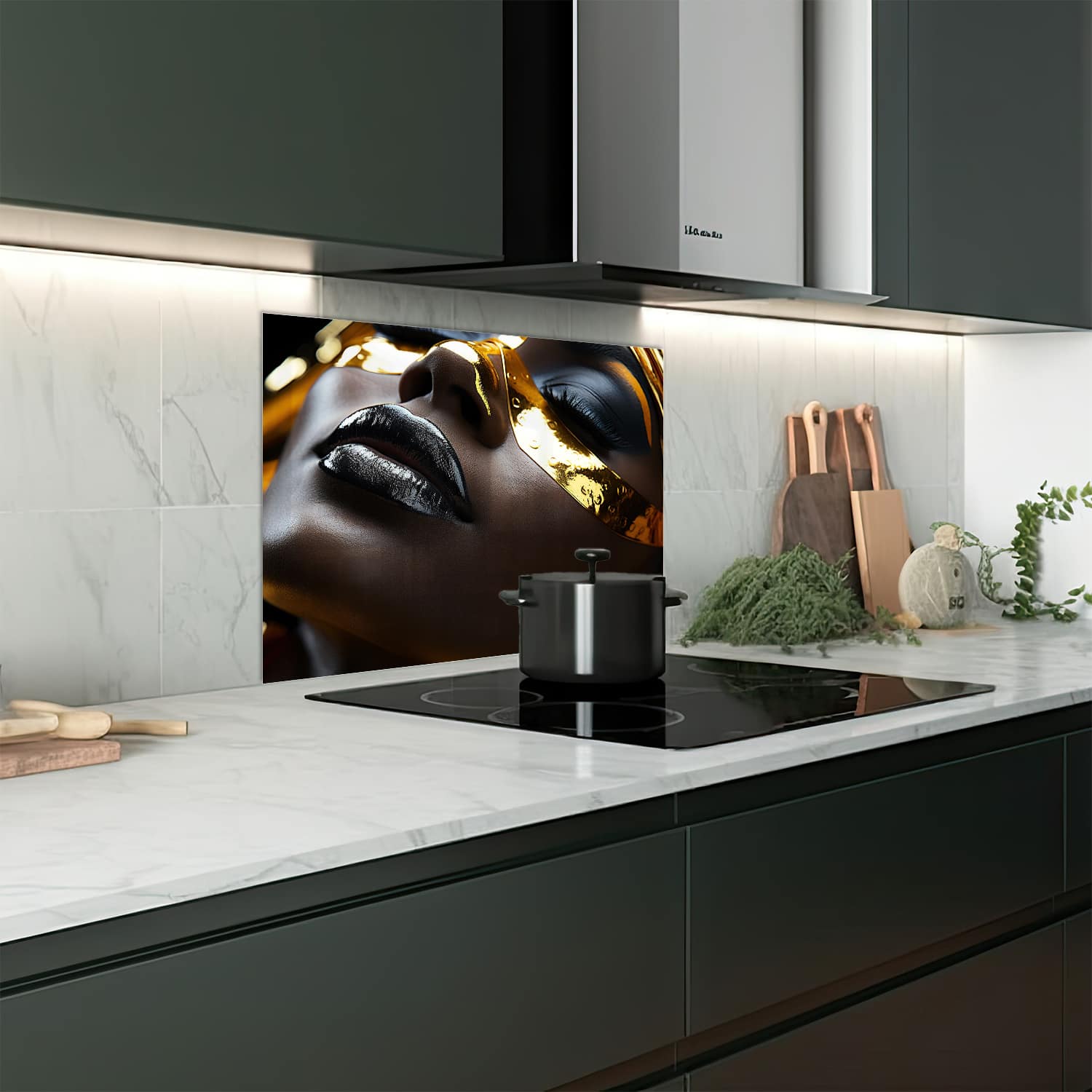 Eigen afmeting spatscherm-op-maat Keuken - Hittebestendig gehard glas - Zwart gezicht met goude makeup