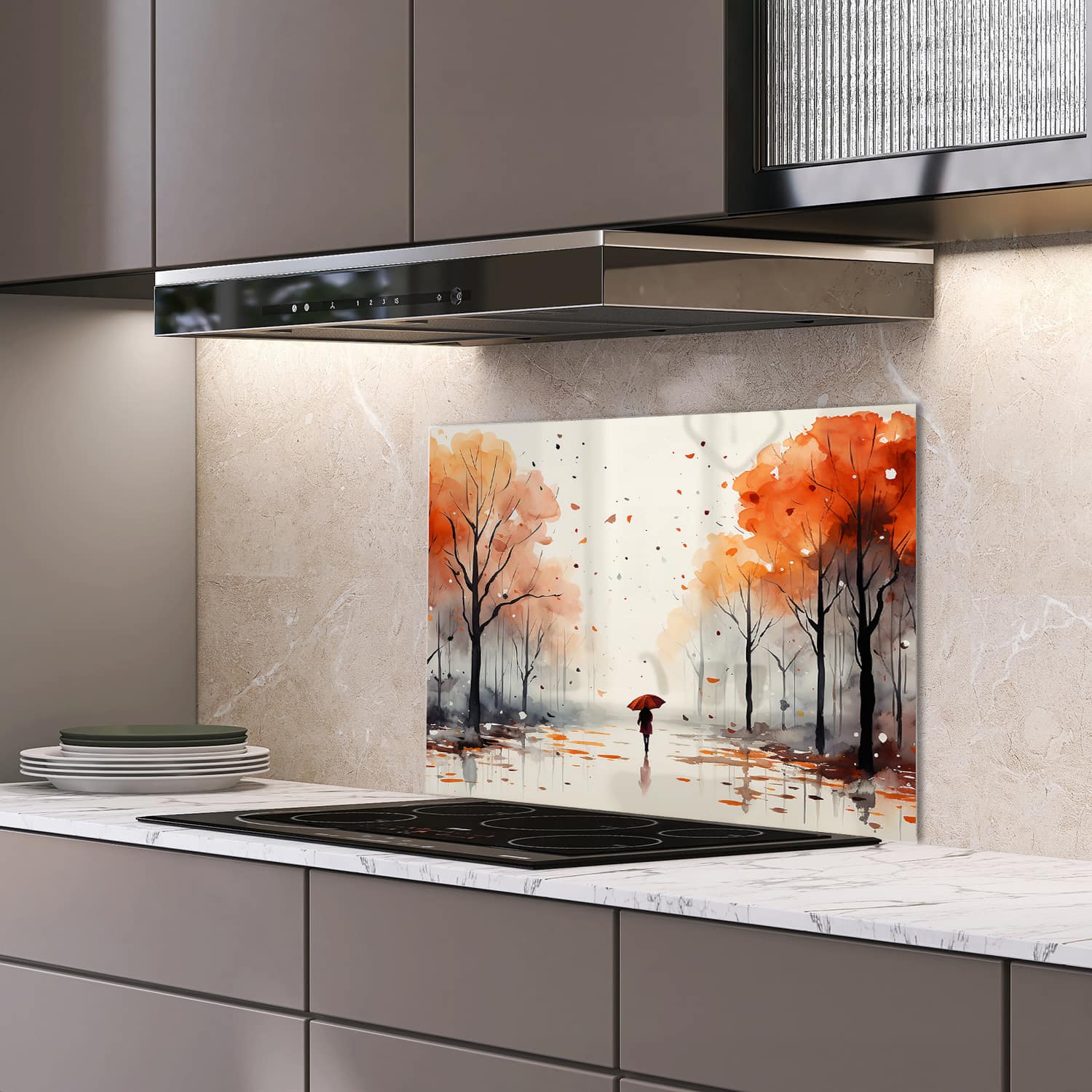 Eigen afmeting spatscherm-op-maat Keuken - Hittebestendig gehard glas - Waterverf Schilderij van Herfst Park
