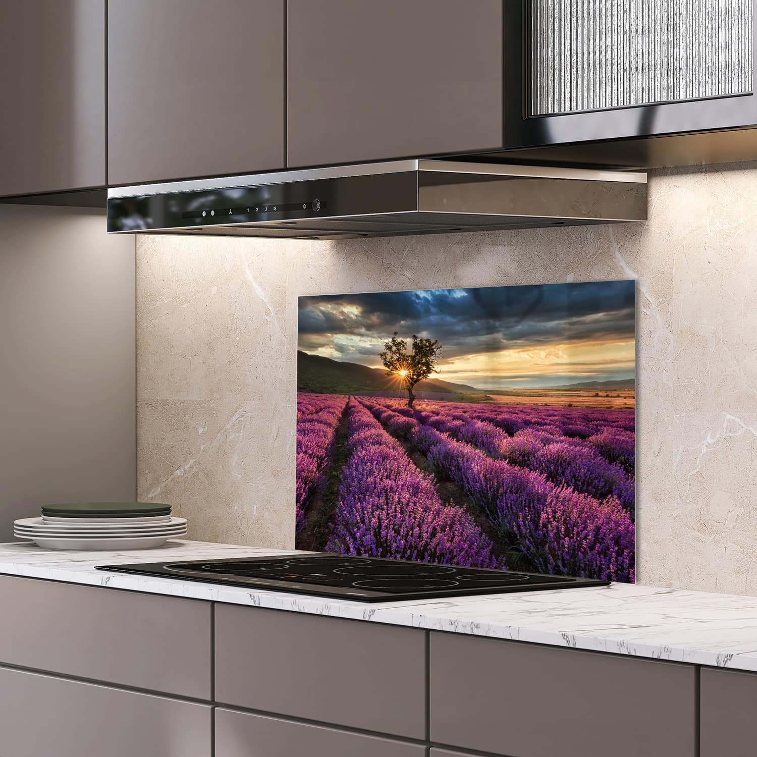 Eigen afmeting spatscherm-op-maat Keuken - Hittebestendig gehard glas - Lavendel Veld