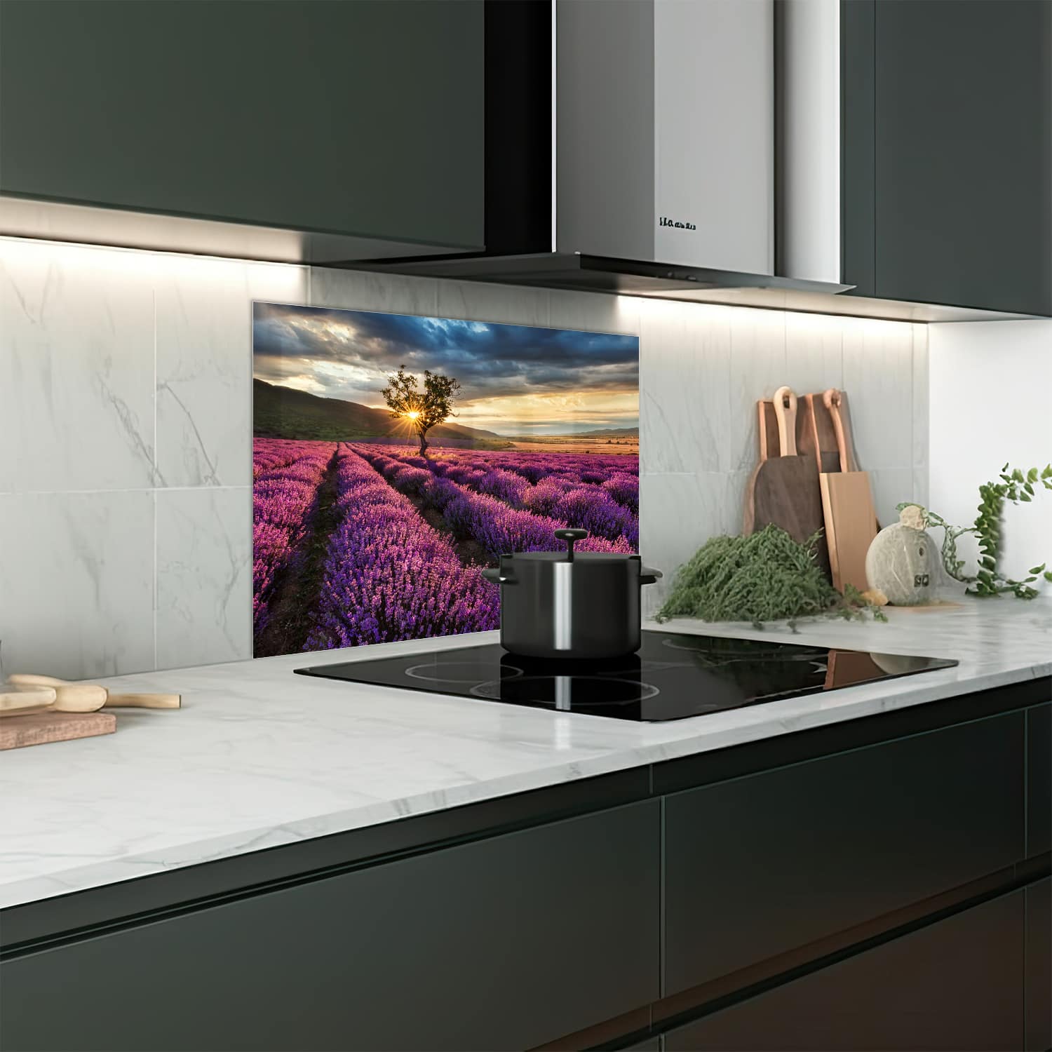 Eigen afmeting spatscherm-op-maat Keuken - Hittebestendig gehard glas - Lavendel Veld