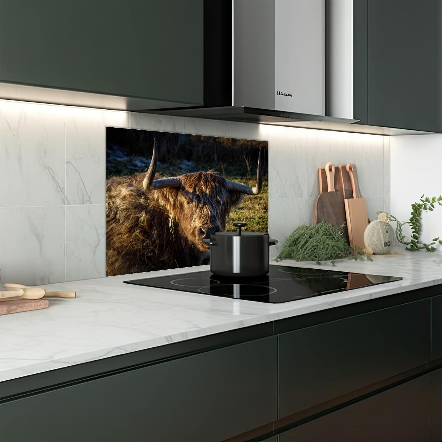 Eigen afmeting spatscherm-op-maat Keuken - Hittebestendig gehard glas - Schotse Hooglander in de Zon