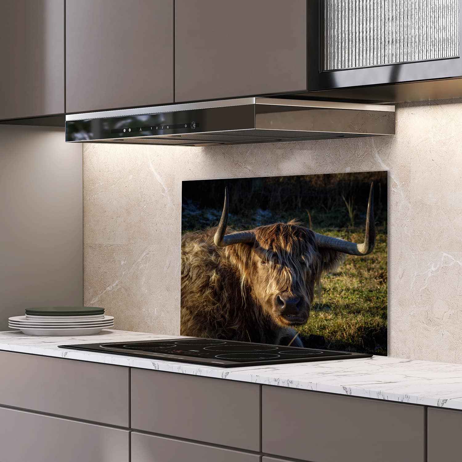 Eigen afmeting spatscherm-op-maat Keuken - Hittebestendig gehard glas - Schotse Hooglander in de Zon