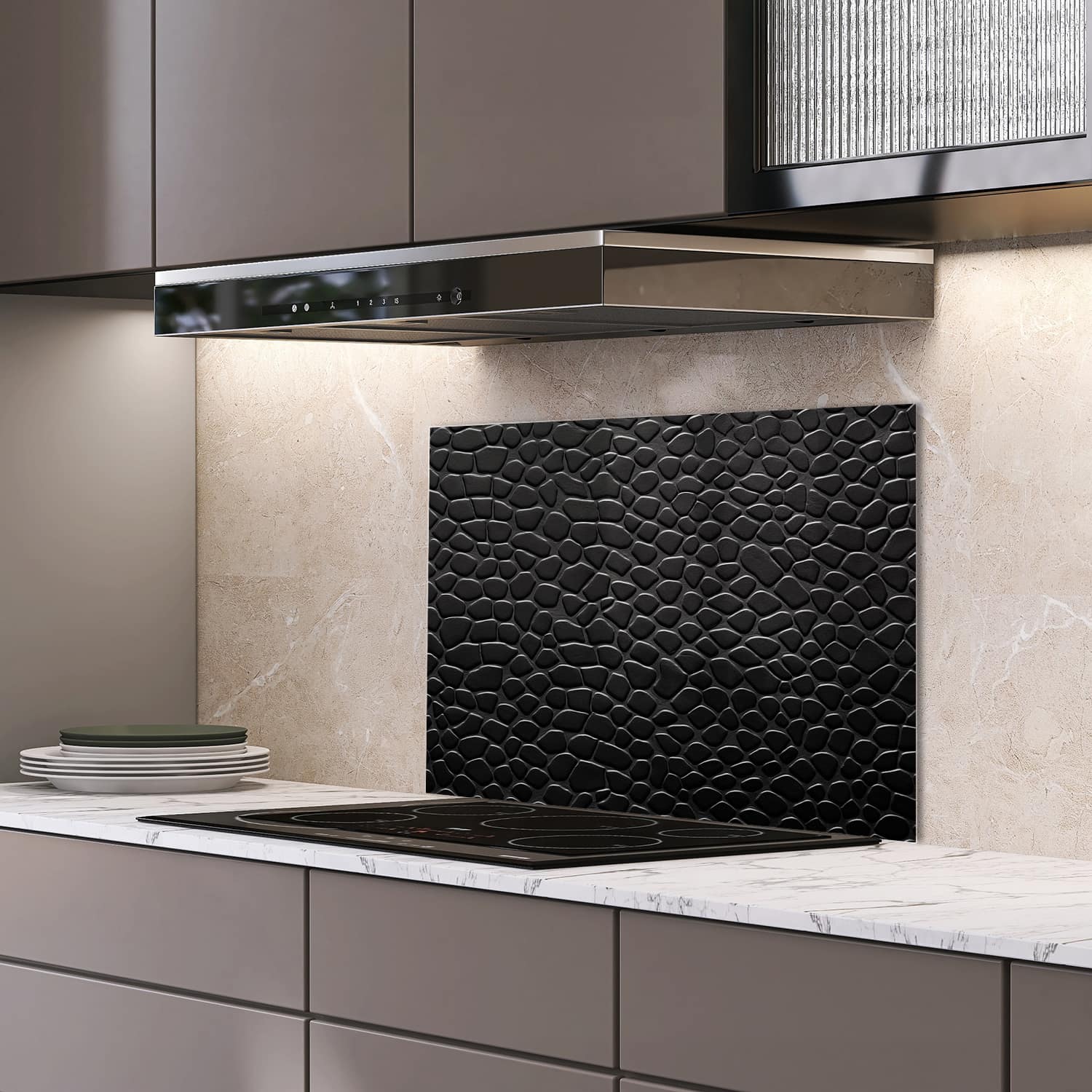 Eigen afmeting spatscherm-op-maat Keuken - Hittebestendig gehard glas - Close-up Leer