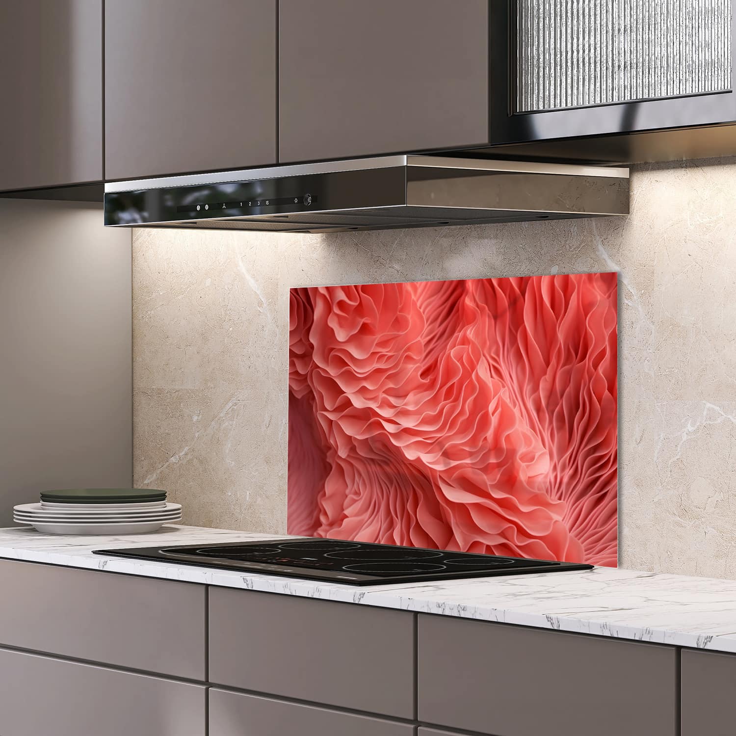 Eigen afmeting spatscherm-op-maat Keuken - Hittebestendig gehard glas - Organische Texuur van Koraal