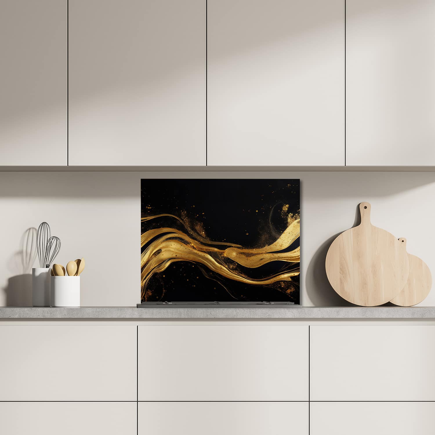 Eigen afmeting spatscherm-op-maat Keuken - Hittebestendig gehard glas - Abstracte luxe goud-zwart achtergrond