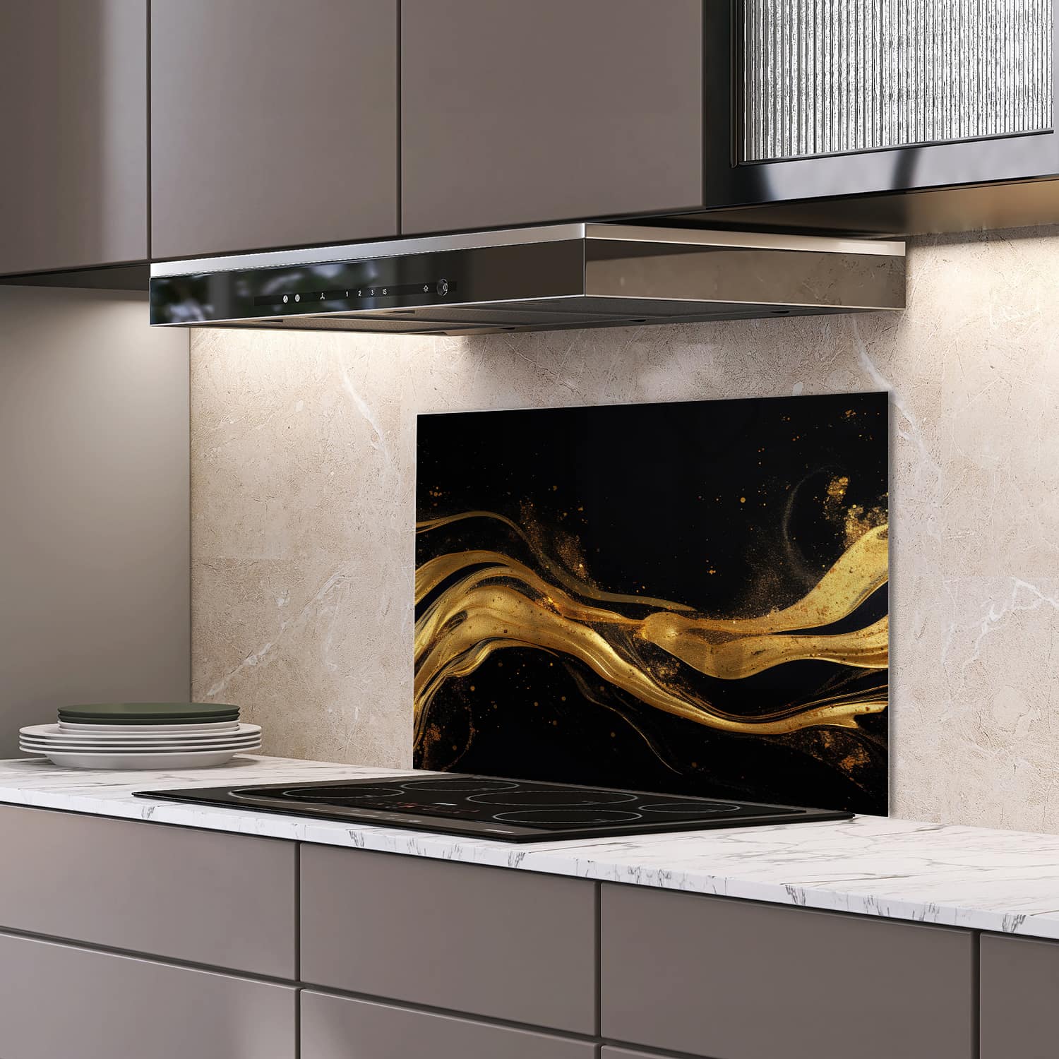 Eigen afmeting spatscherm-op-maat Keuken - Hittebestendig gehard glas - Abstracte luxe goud-zwart achtergrond