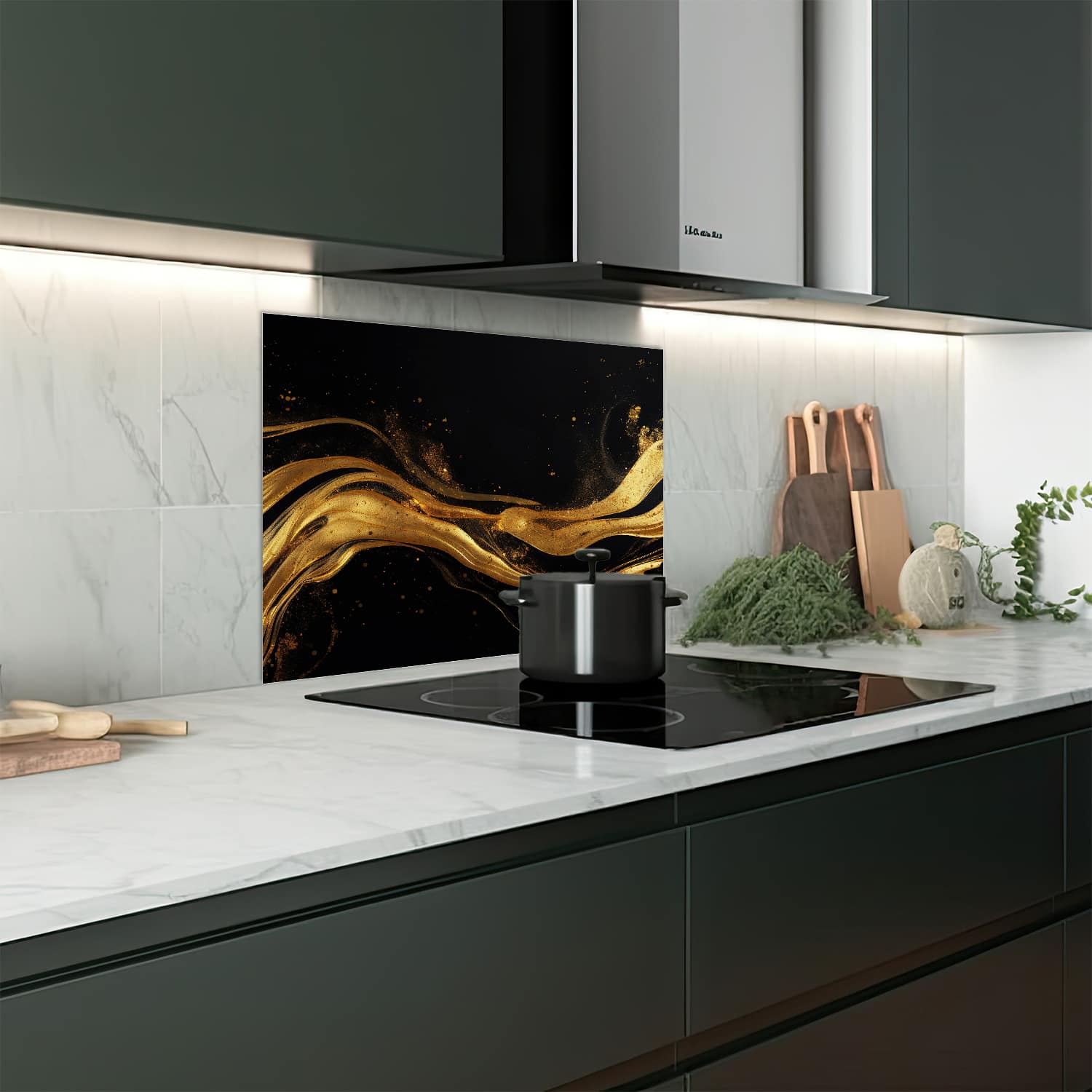 Eigen afmeting spatscherm-op-maat Keuken - Hittebestendig gehard glas - Abstracte luxe goud-zwart achtergrond