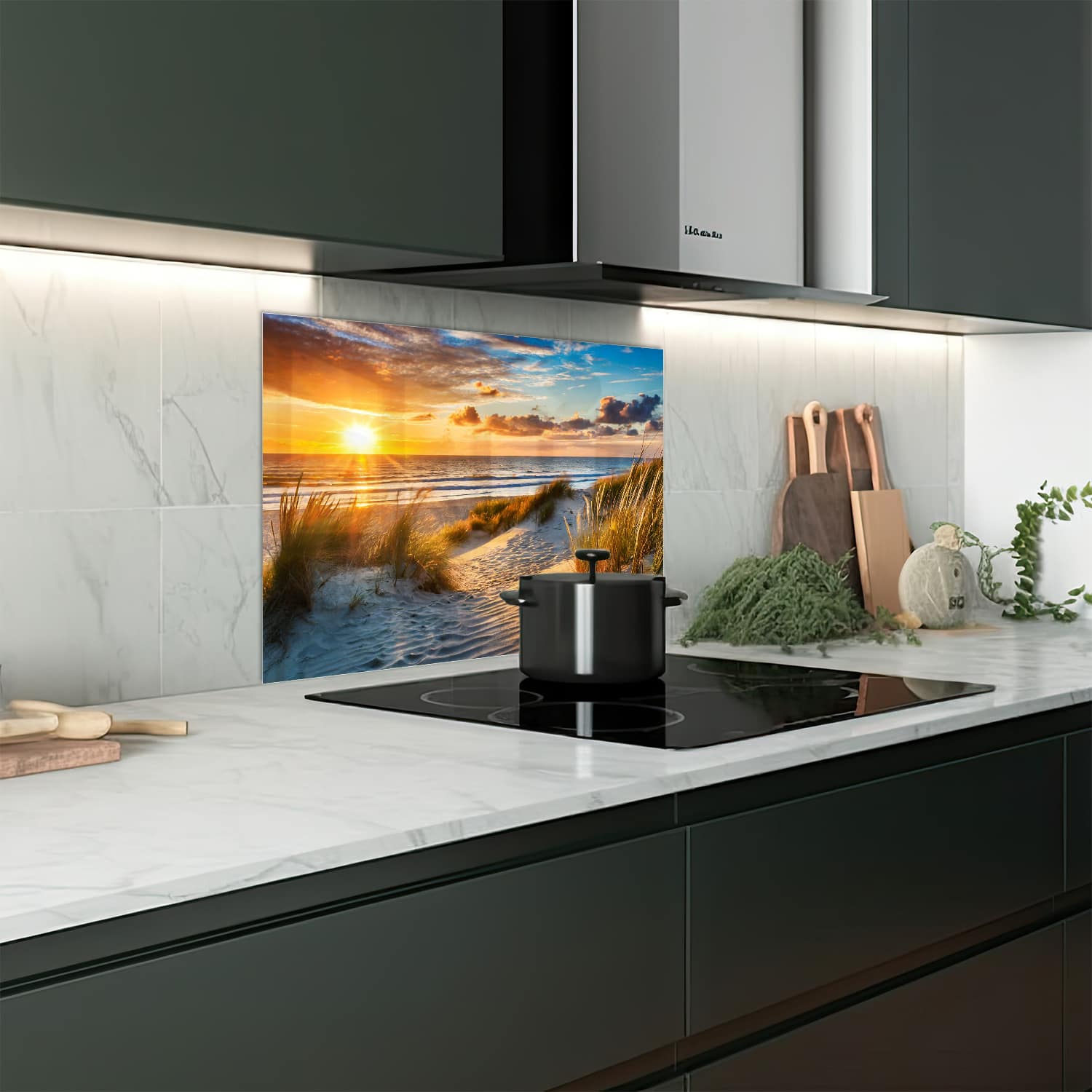 Eigen afmeting spatscherm-op-maat Keuken - Hittebestendig gehard glas - Zonsondergang bij Duinen