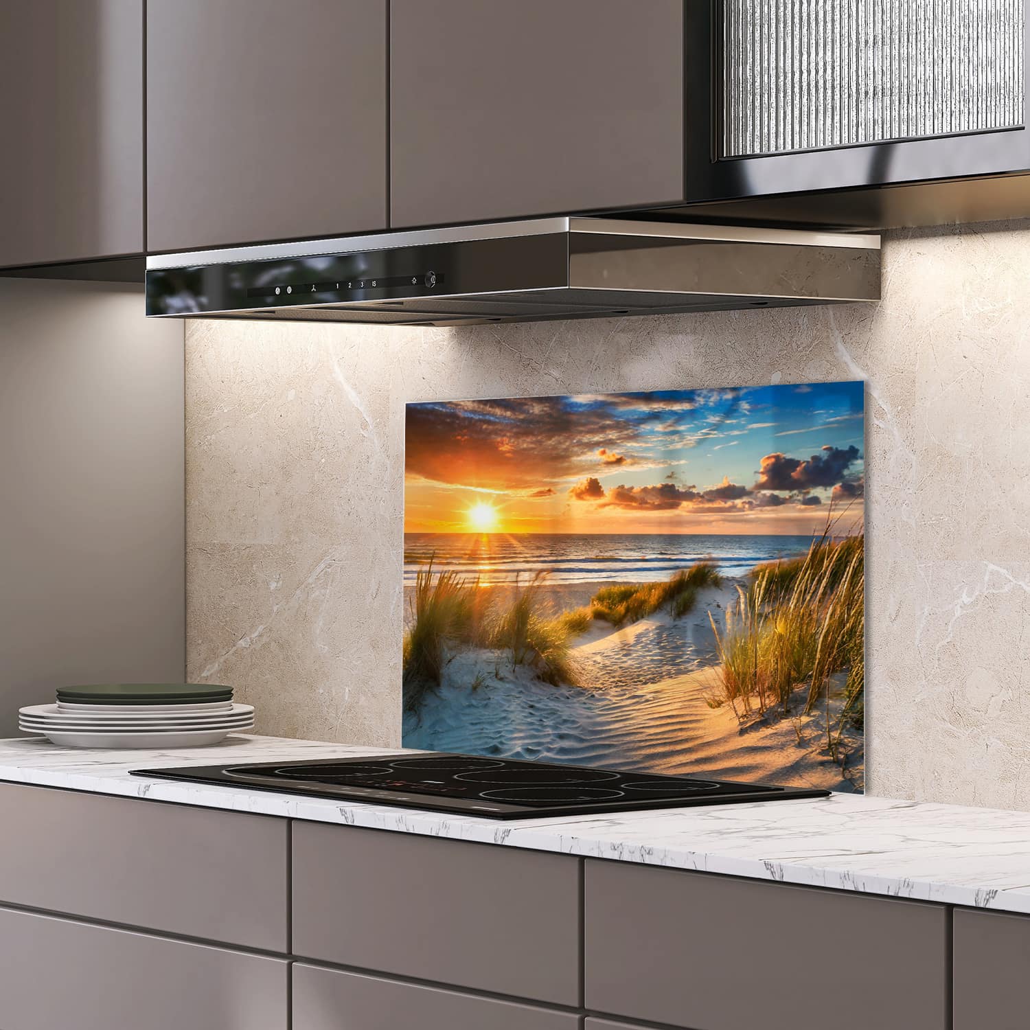 Eigen afmeting spatscherm-op-maat Keuken - Hittebestendig gehard glas - Zonsondergang bij Duinen