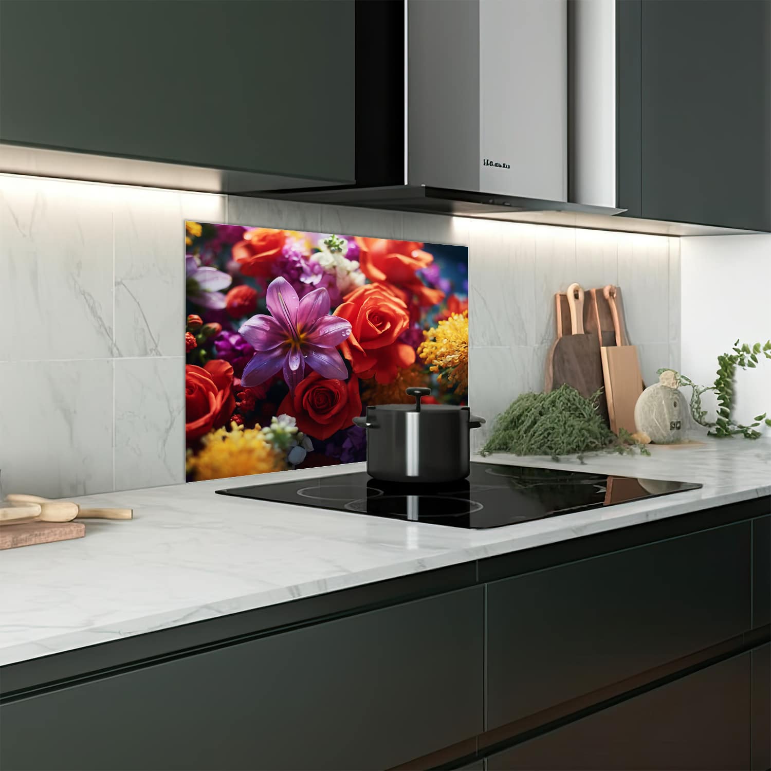Eigen afmeting spatscherm-op-maat Keuken - Hittebestendig gehard glas - Bloemenboeket