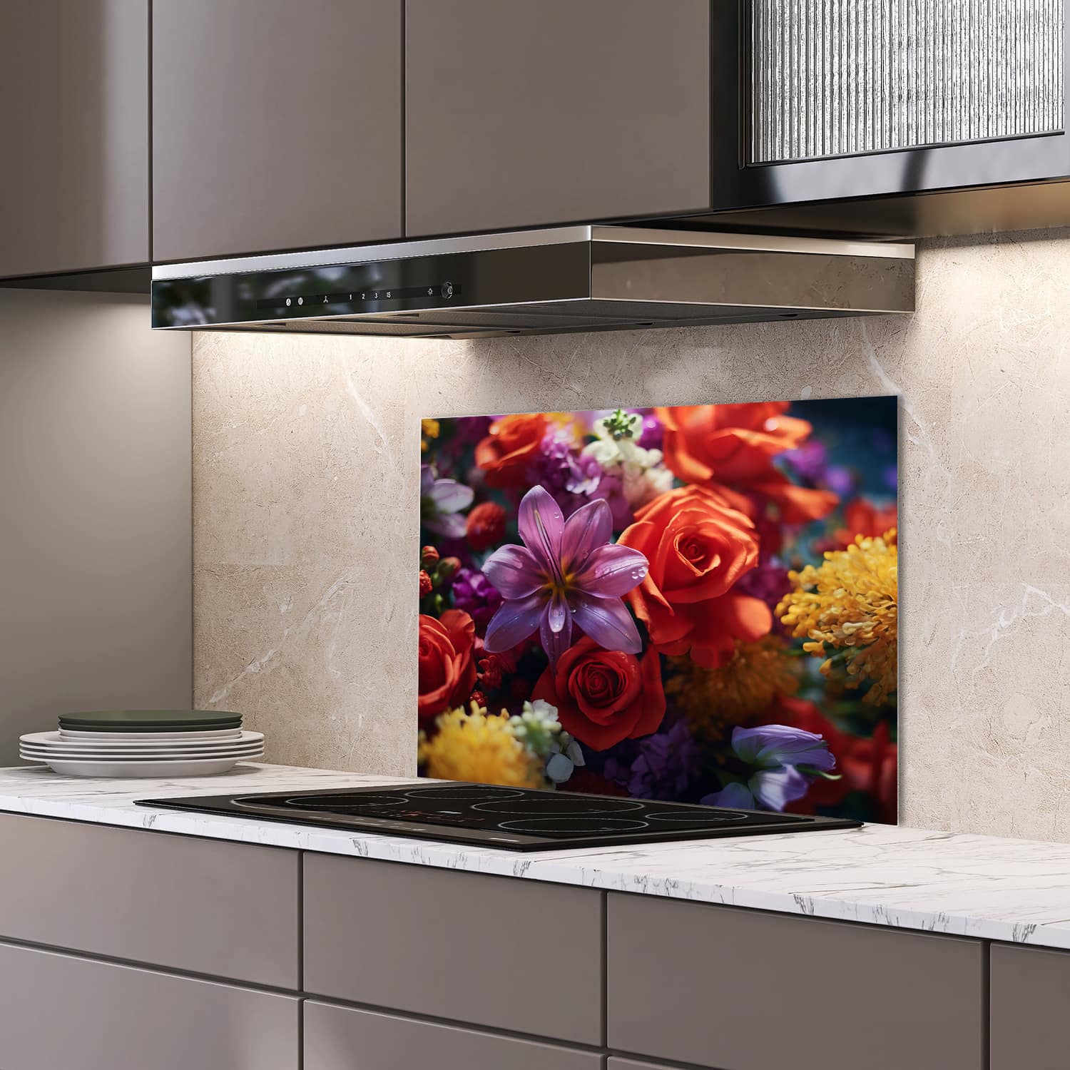 Eigen afmeting spatscherm-op-maat Keuken - Hittebestendig gehard glas - Bloemenboeket