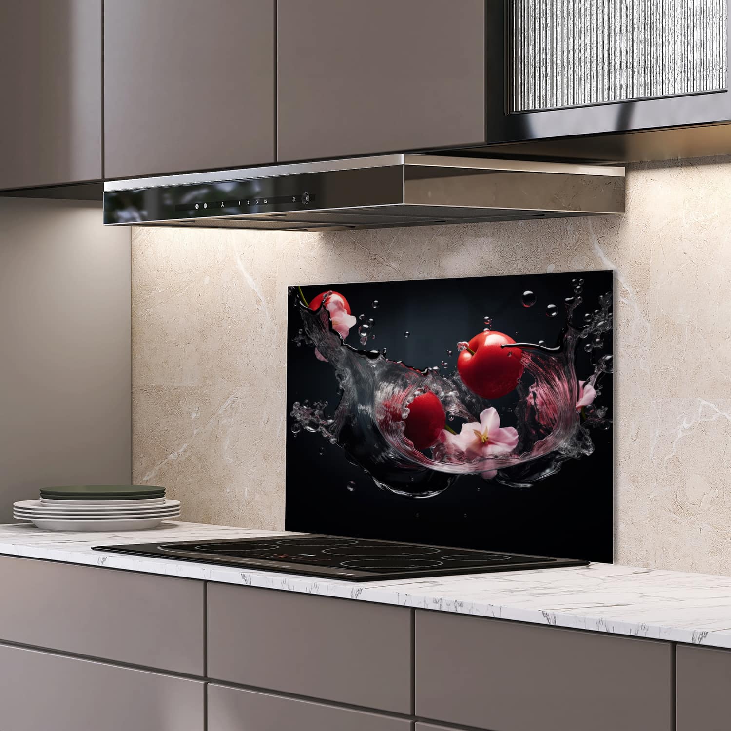 Eigen afmeting spatscherm-op-maat Keuken - Hittebestendig gehard glas - Tomaten Splash