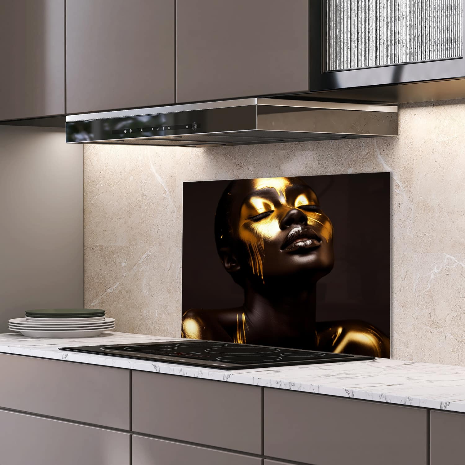 Eigen afmeting spatscherm-op-maat Keuken - Hittebestendig gehard glas - Luxe Goud/Zwarte Textuur