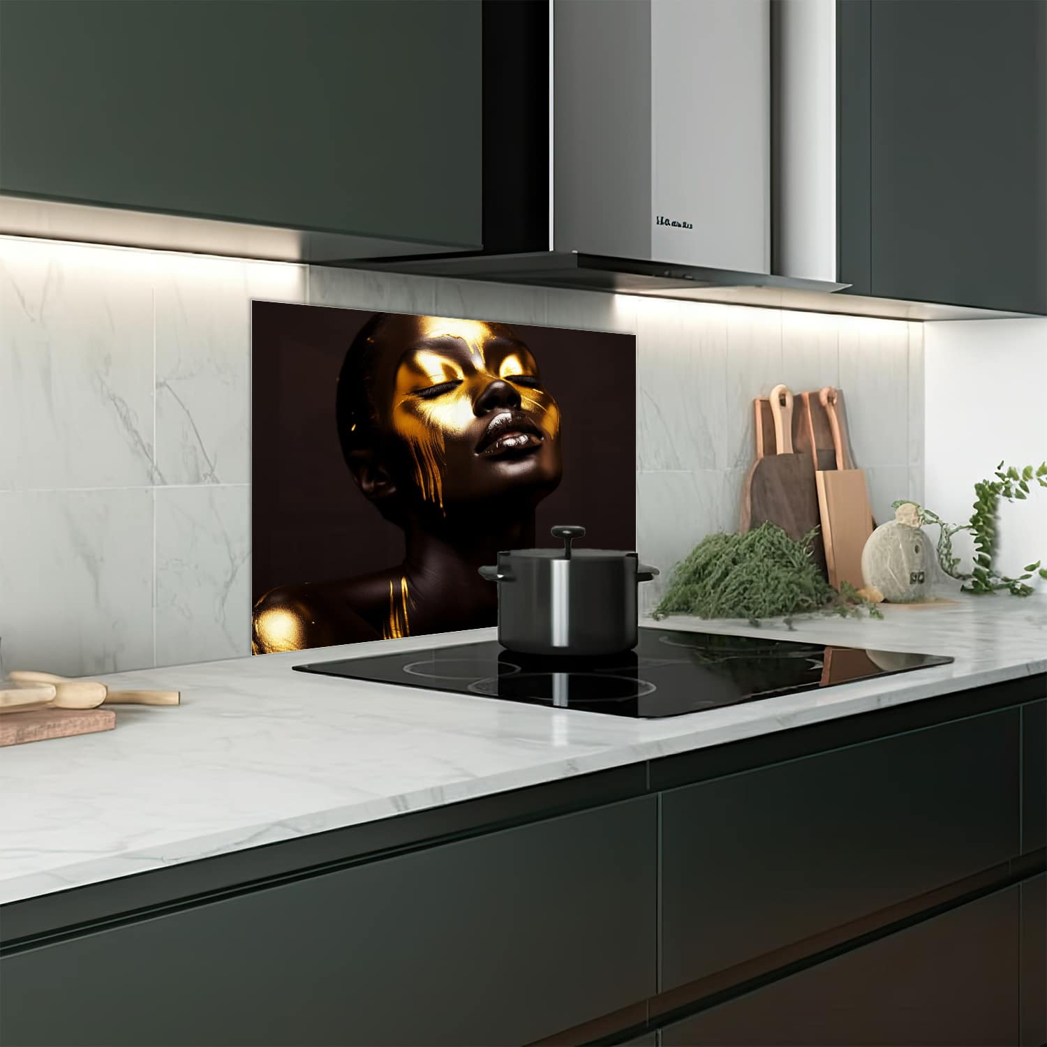 Eigen afmeting spatscherm-op-maat Keuken - Hittebestendig gehard glas - Luxe Goud/Zwarte Textuur