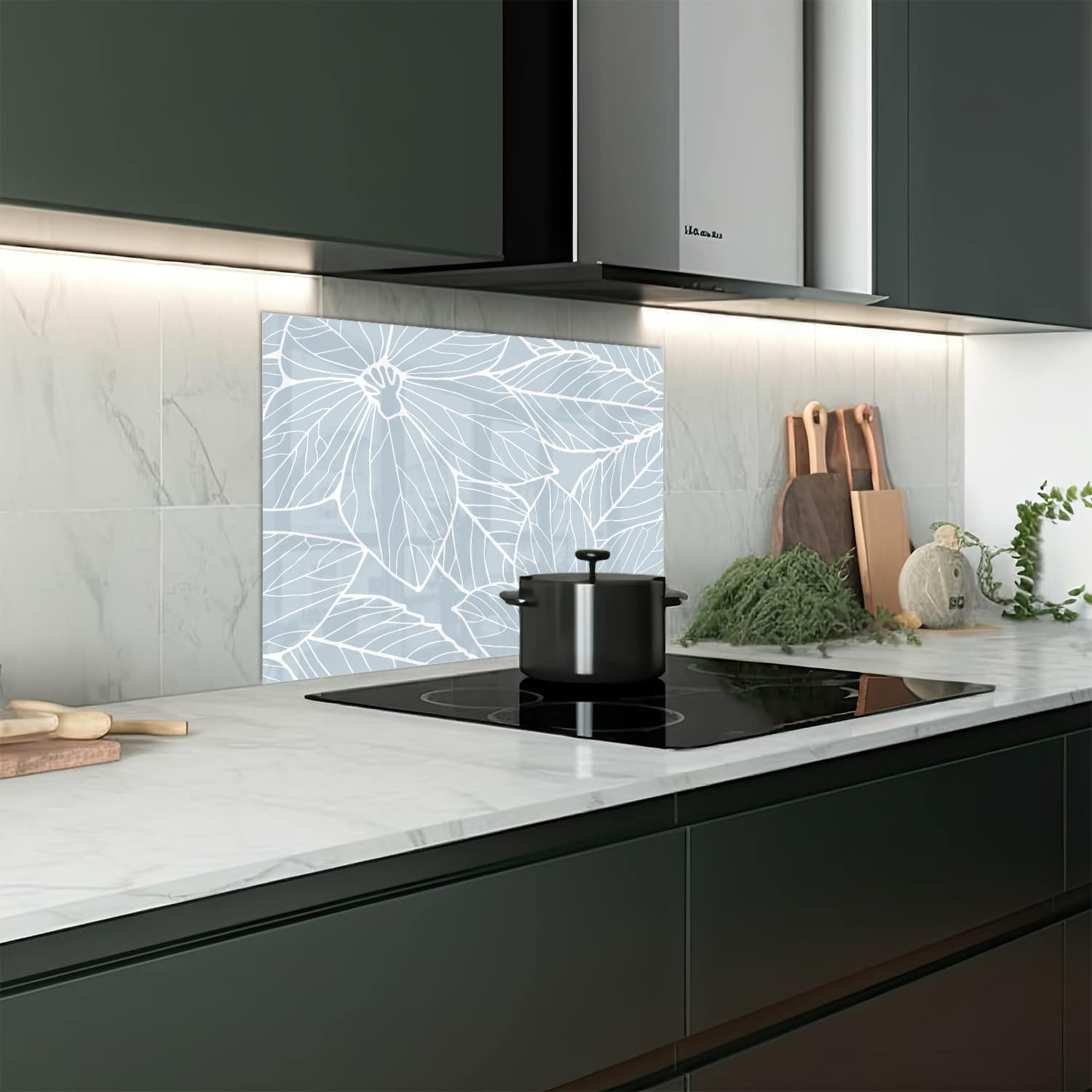 Eigen afmeting spatscherm-op-maat Keuken - Hittebestendig gehard glas - Abstracte Bloemenlijntekening
