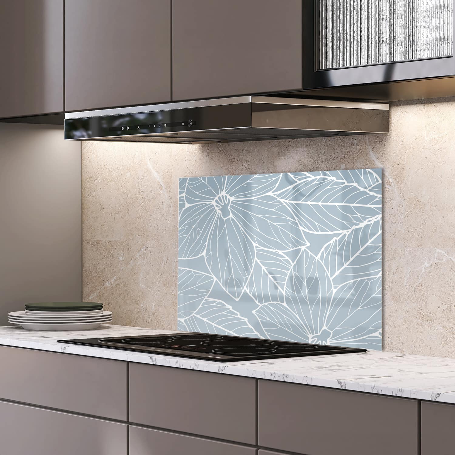Eigen afmeting spatscherm-op-maat Keuken - Hittebestendig gehard glas - Abstracte Bloemenlijntekening