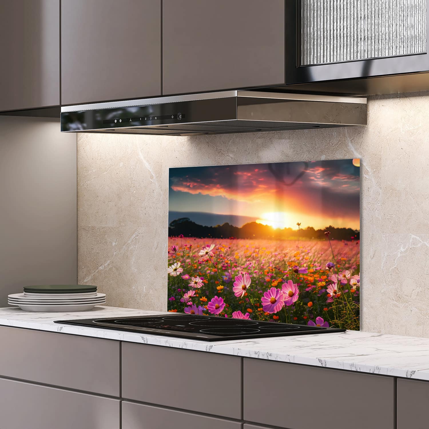 Eigen afmeting spatscherm-op-maat Keuken - Hittebestendig gehard glas - Zomerbloemen bij Zonsondergang