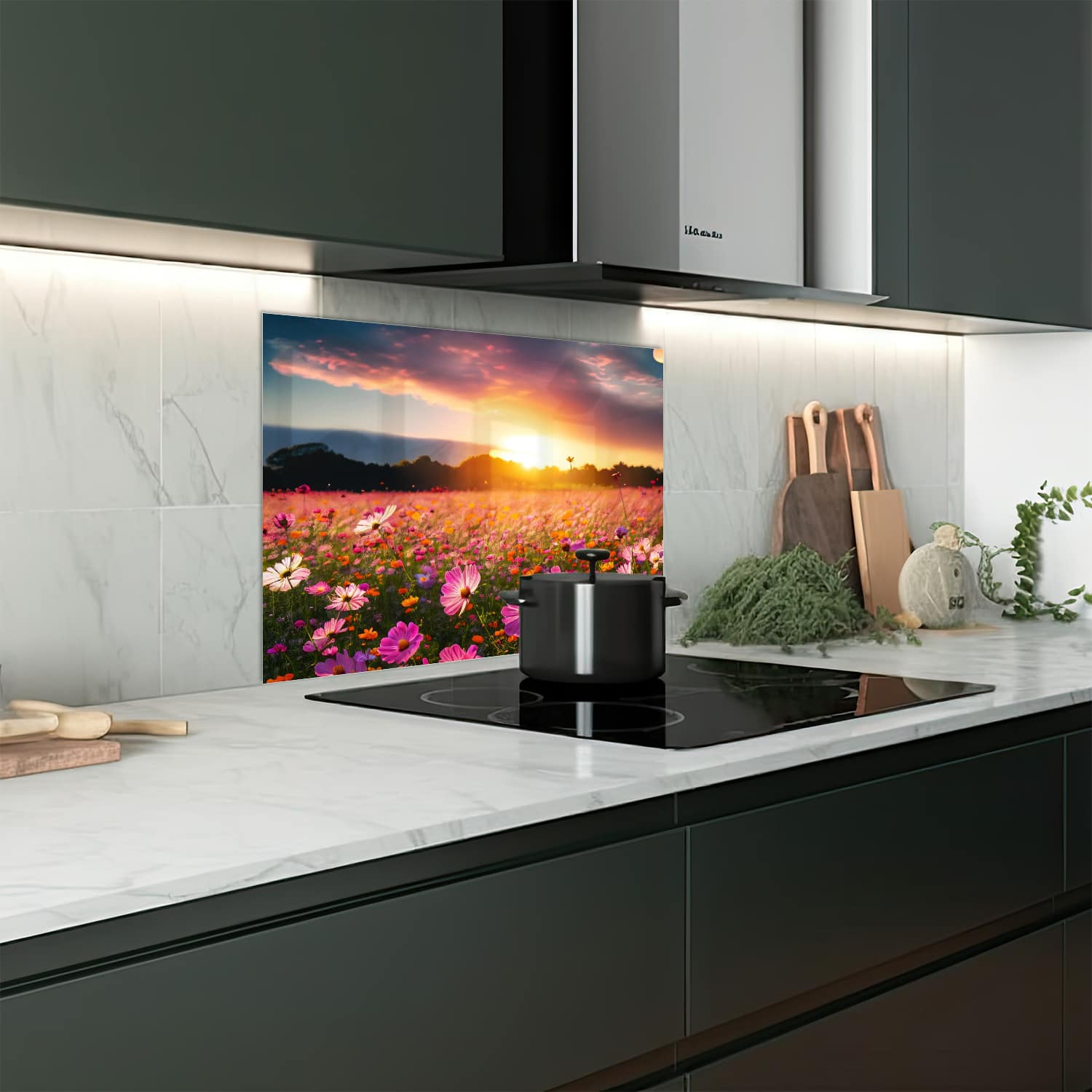 Eigen afmeting spatscherm-op-maat Keuken - Hittebestendig gehard glas - Zomerbloemen bij Zonsondergang