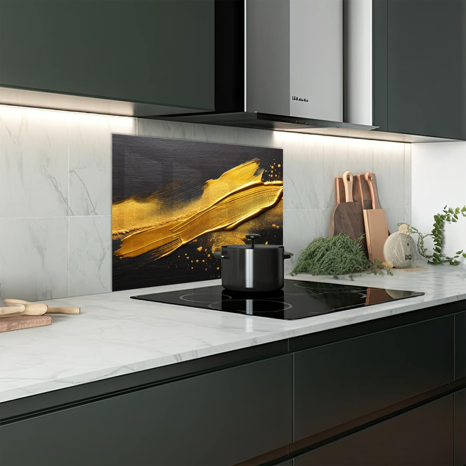 Eigen afmeting spatscherm-op-maat Keuken - Hittebestendig gehard glas - Gouden Verf Streek