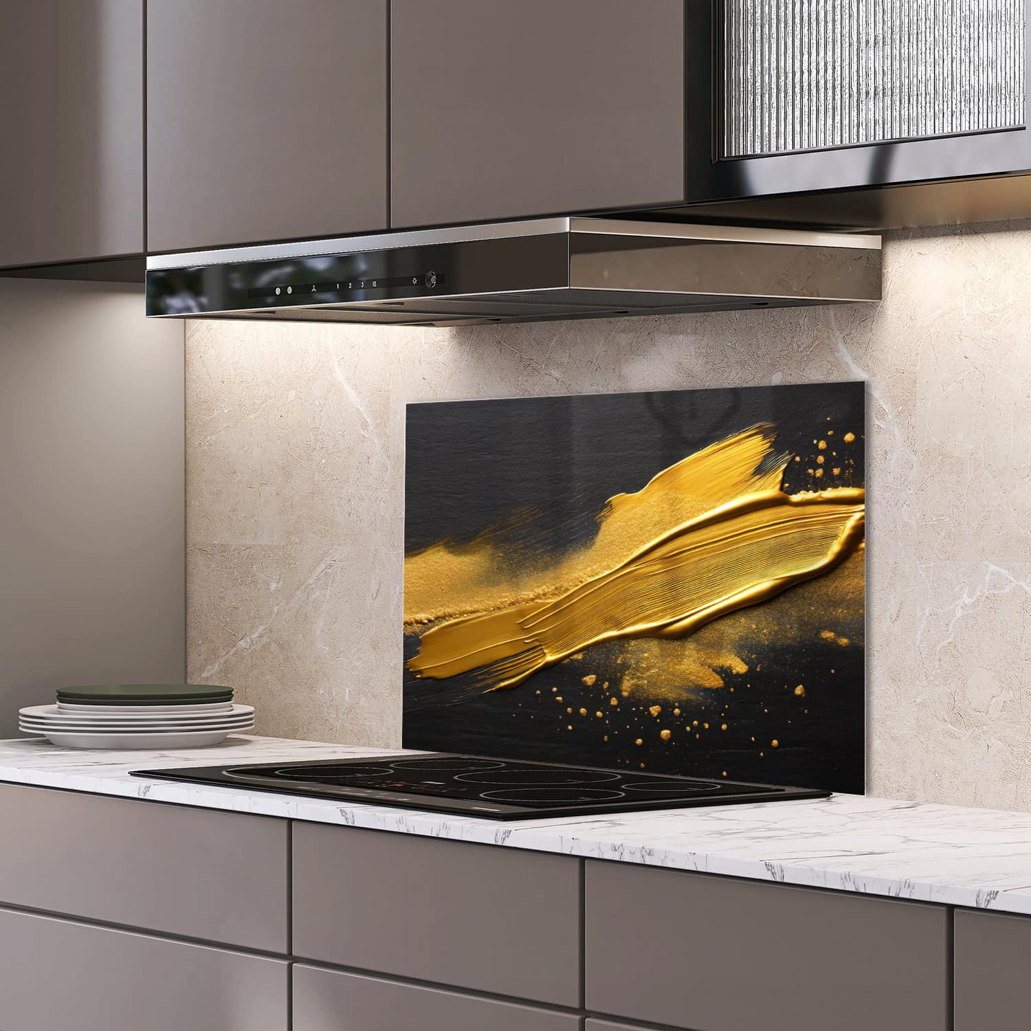 Eigen afmeting spatscherm-op-maat Keuken - Hittebestendig gehard glas - Gouden Verf Streek