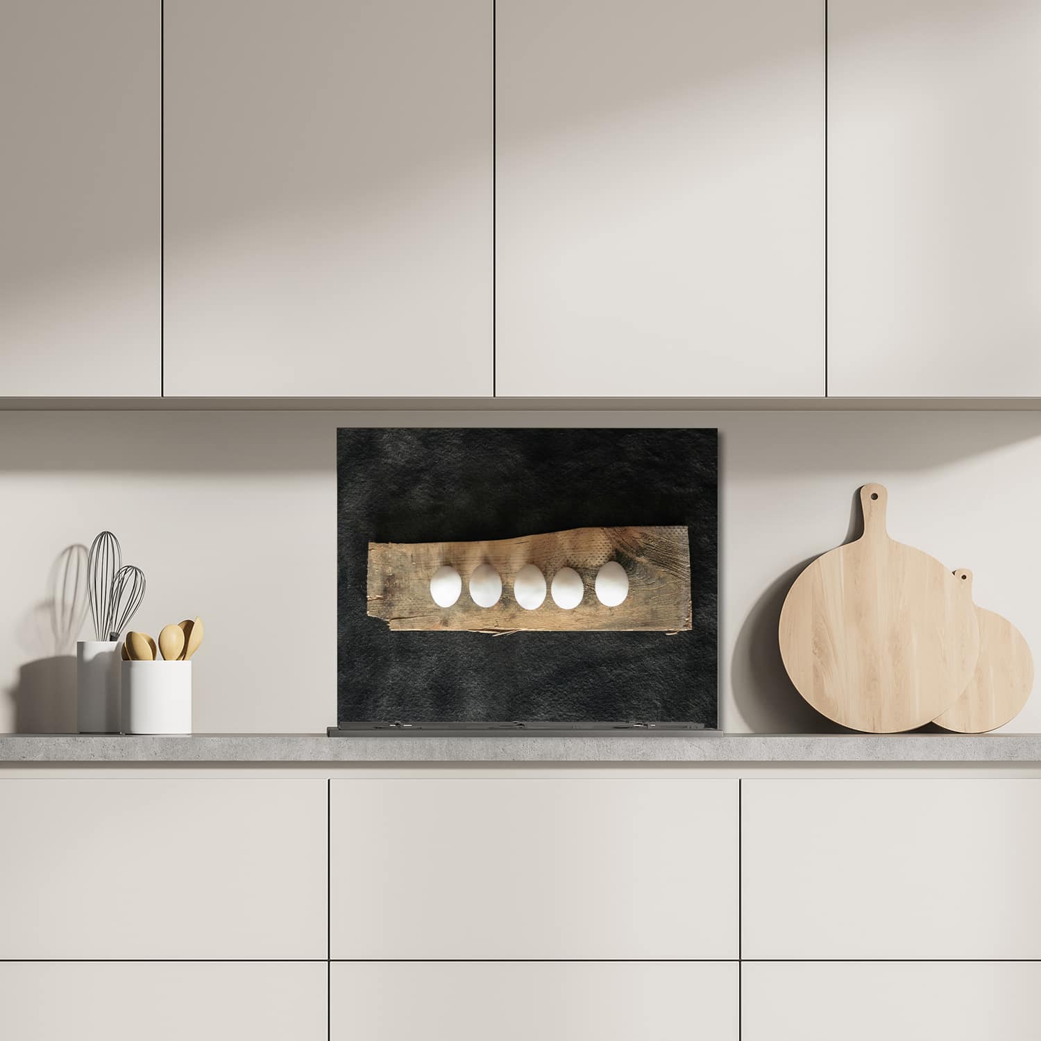 Eigen afmeting spatscherm-op-maat Keuken - Hittebestendig gehard glas - Eieren op Plank