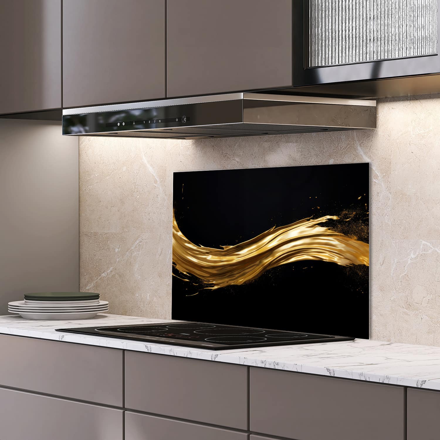 Eigen afmeting spatscherm-op-maat Keuken - Hittebestendig gehard glas - Gouden kwaststreek