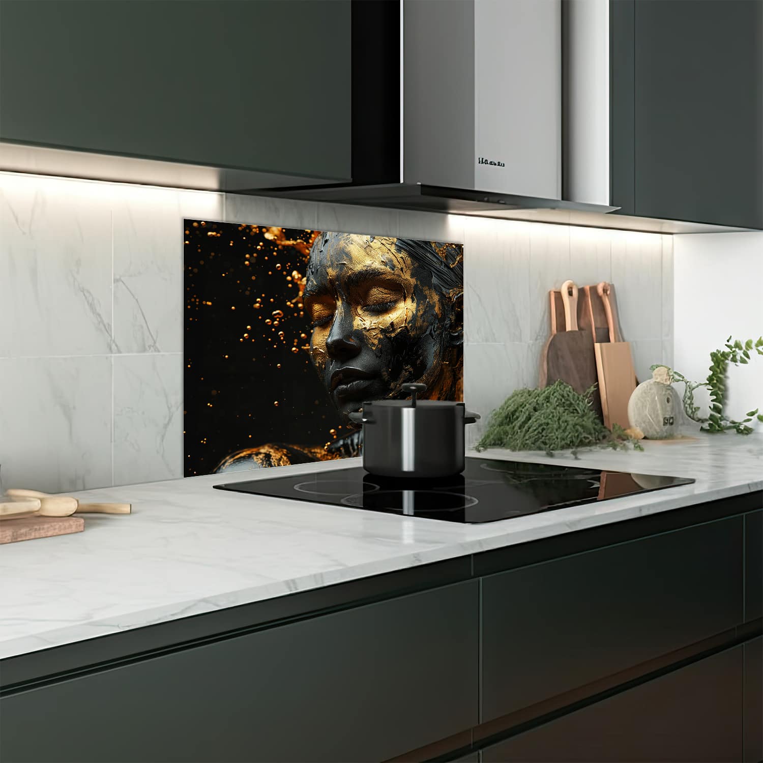 Eigen afmeting spatscherm-op-maat Keuken - Hittebestendig gehard glas - Vrouw met Gouden Make-up