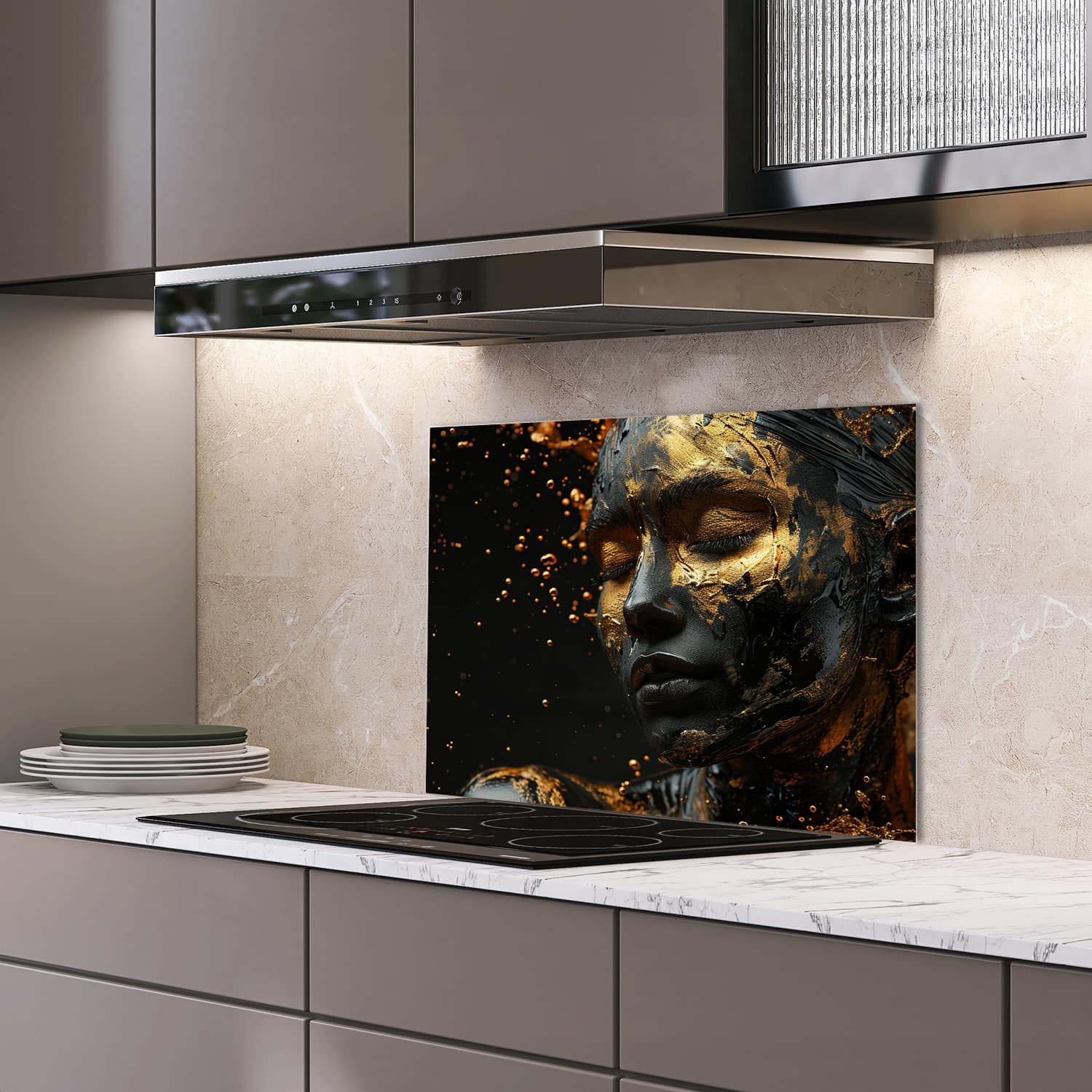 Eigen afmeting spatscherm-op-maat Keuken - Hittebestendig gehard glas - Vrouw met Gouden Make-up