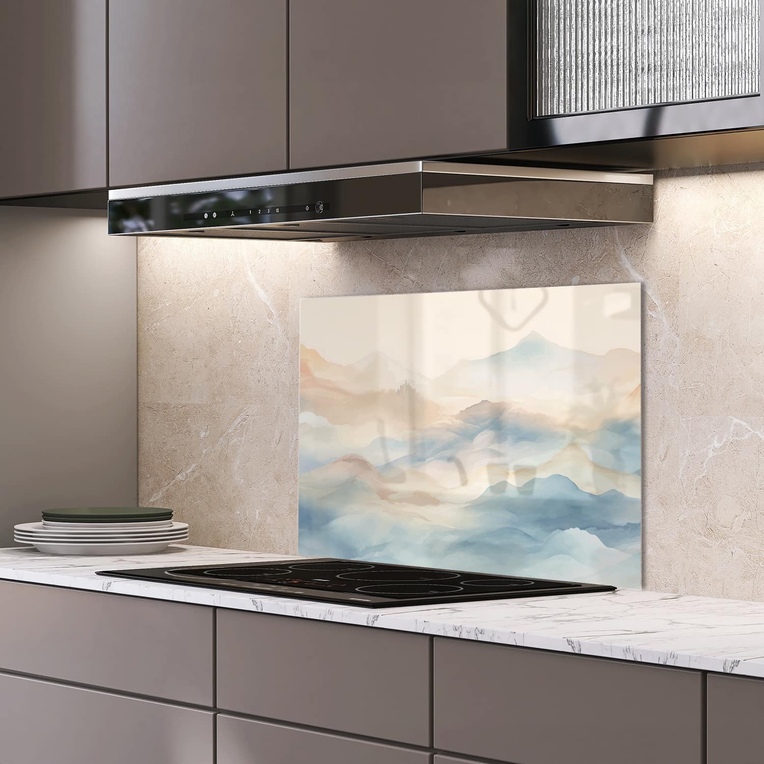 Eigen afmeting spatscherm-op-maat Keuken - Hittebestendig gehard glas - Waterverf Schilderij Landschap