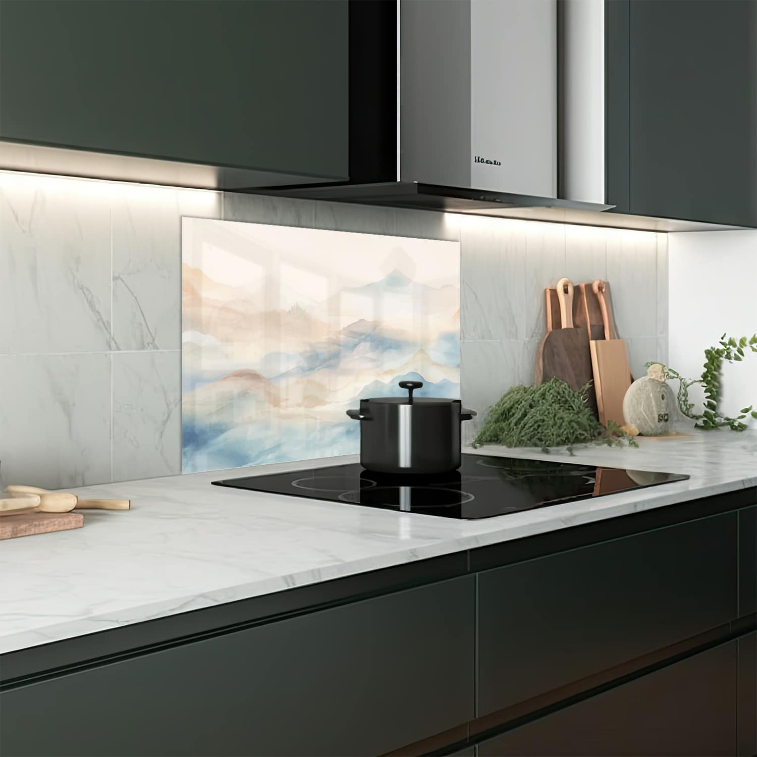 Eigen afmeting spatscherm-op-maat Keuken - Hittebestendig gehard glas - Waterverf Schilderij Landschap