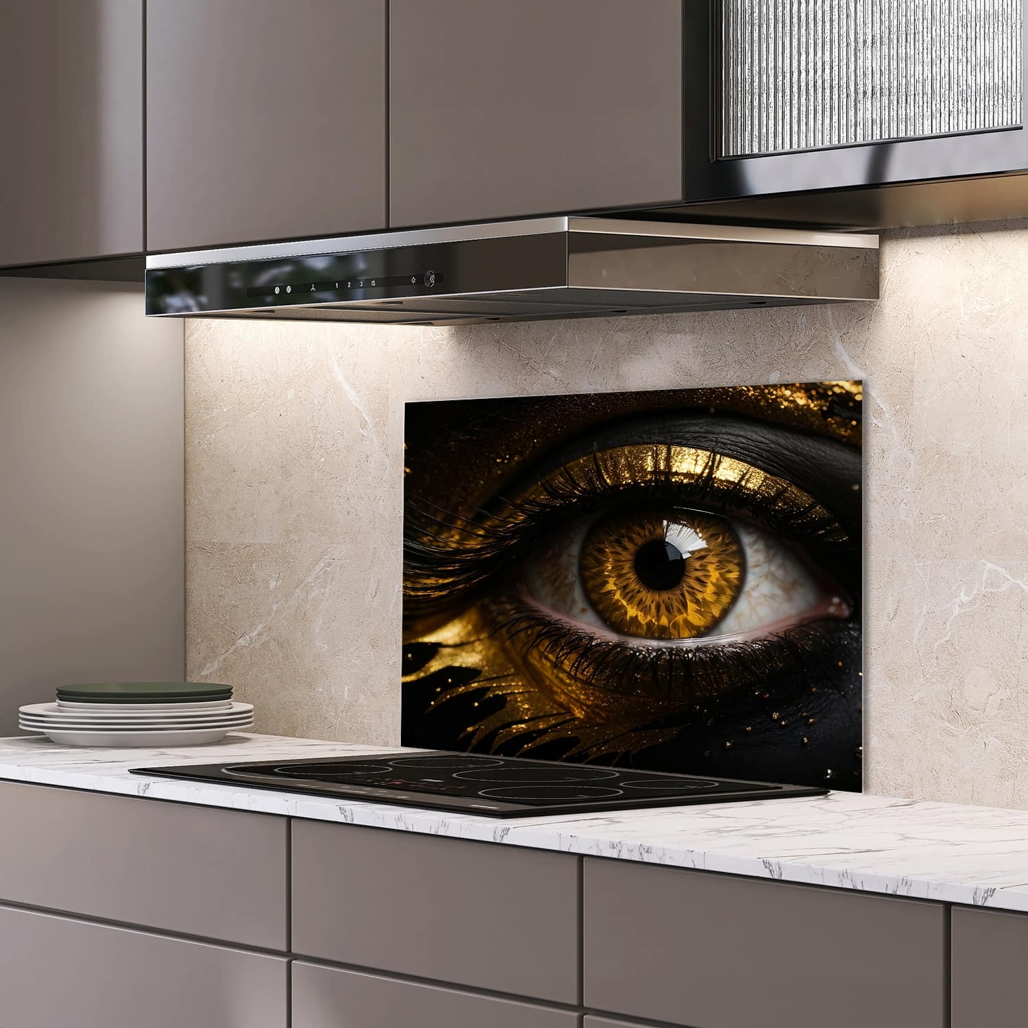 Eigen afmeting spatscherm-op-maat Keuken - Hittebestendig gehard glas - Zwart en goud oog