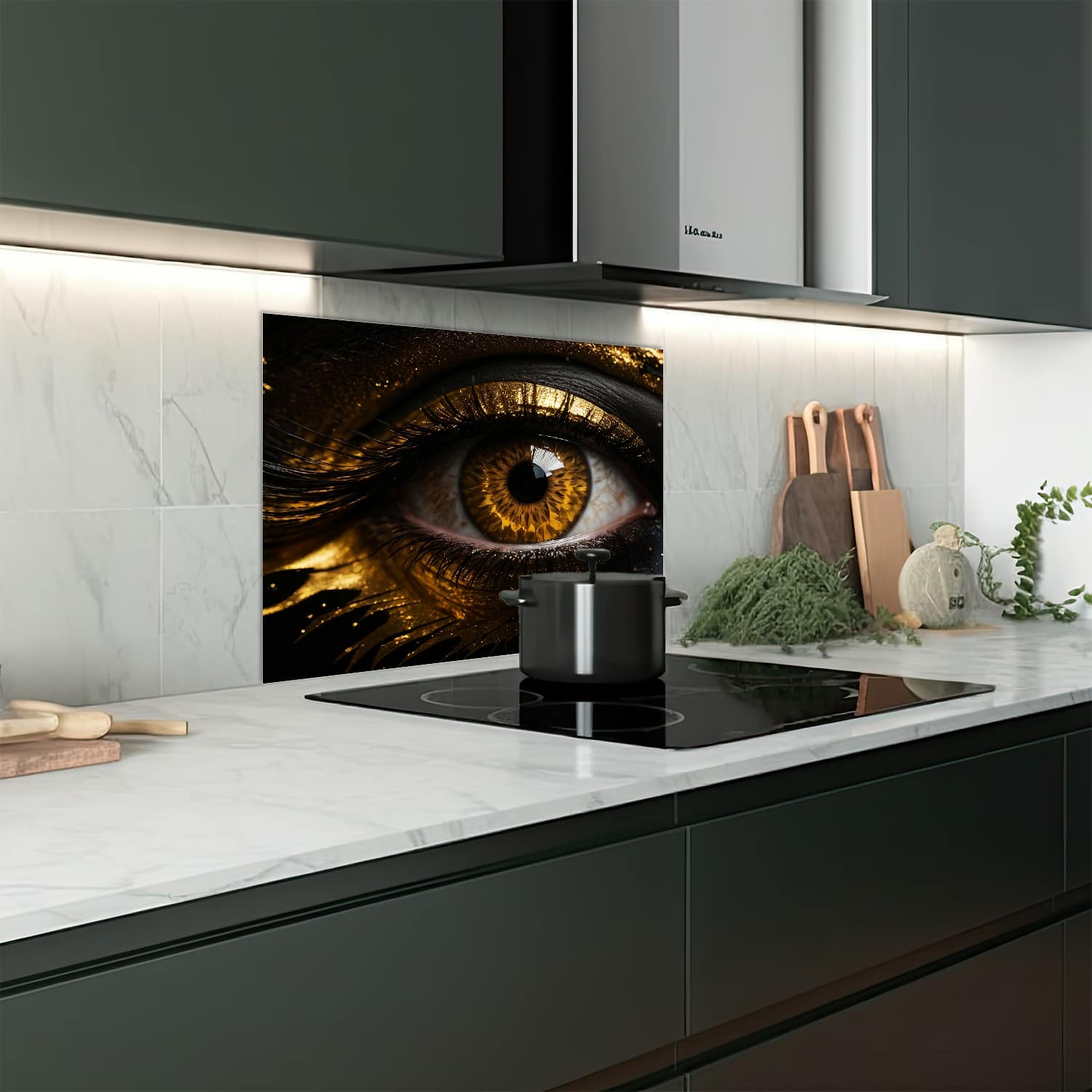 Eigen afmeting spatscherm-op-maat Keuken - Hittebestendig gehard glas - Zwart en goud oog